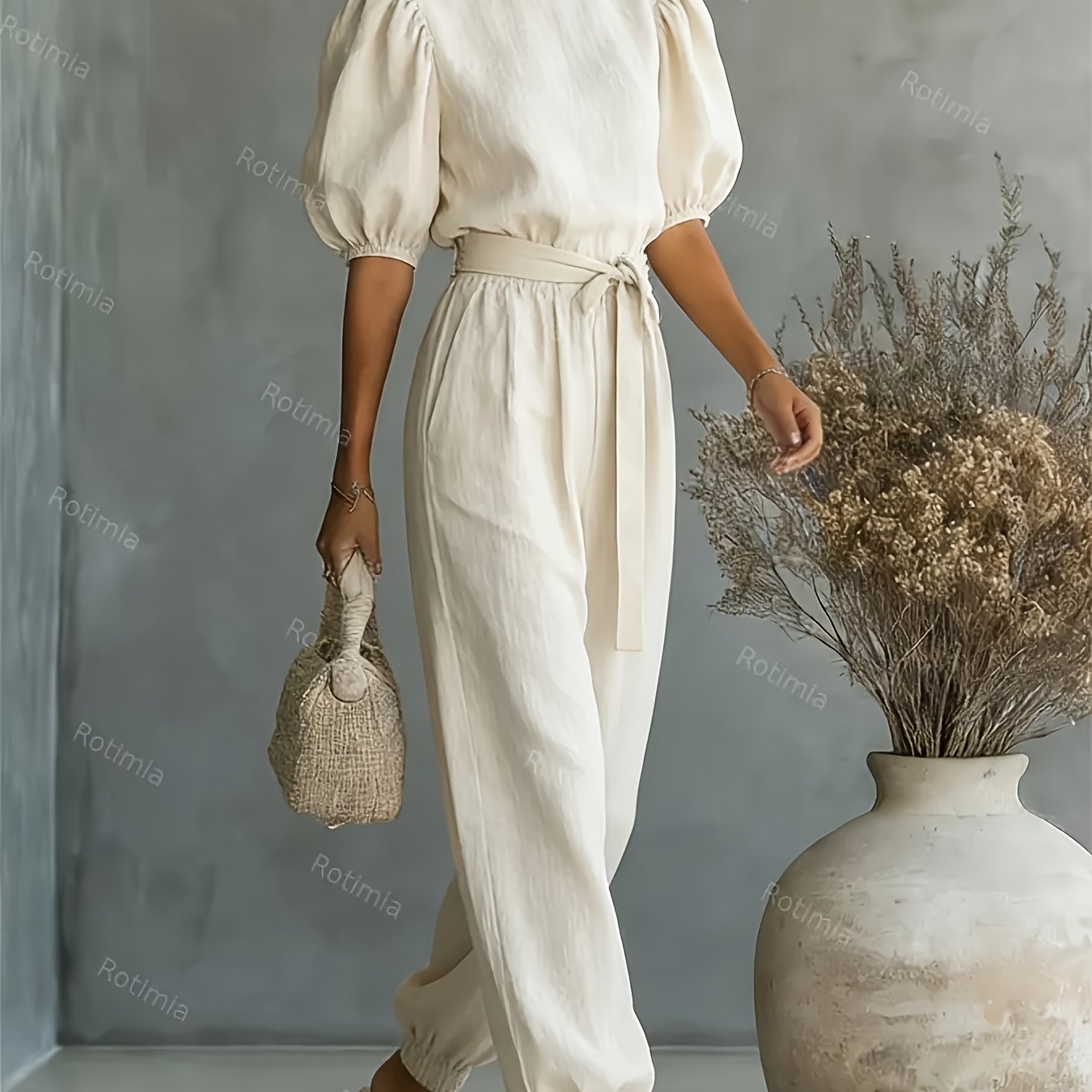 E-shop Damen-Overall im Bohemian-Stil für Frühling/Sommer 2026 mit Puffärmeln, kurzen Ärmeln, schnürbarem Knöchelbund weitem Bein für