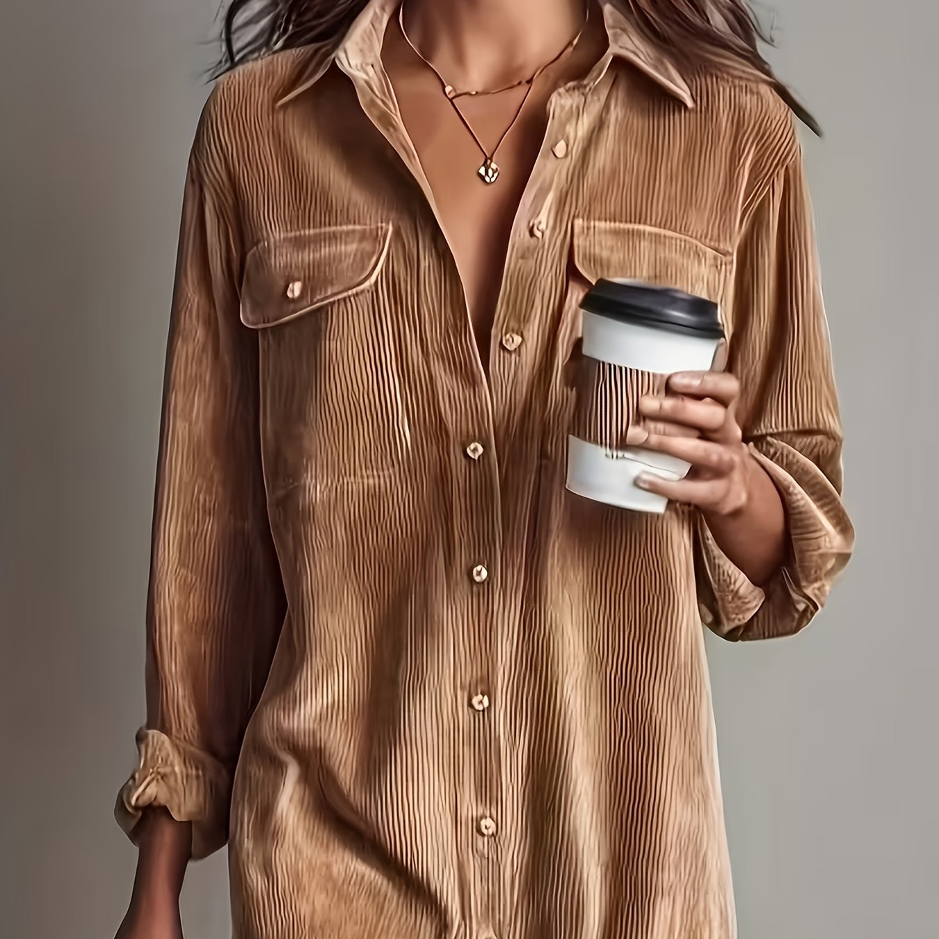 E-shop Neues Damenmode für Frühling und Herbst: Elegantes Temperament-Taschenklappen-Bundwerkzeug-Stil Cord Shirt Kleid