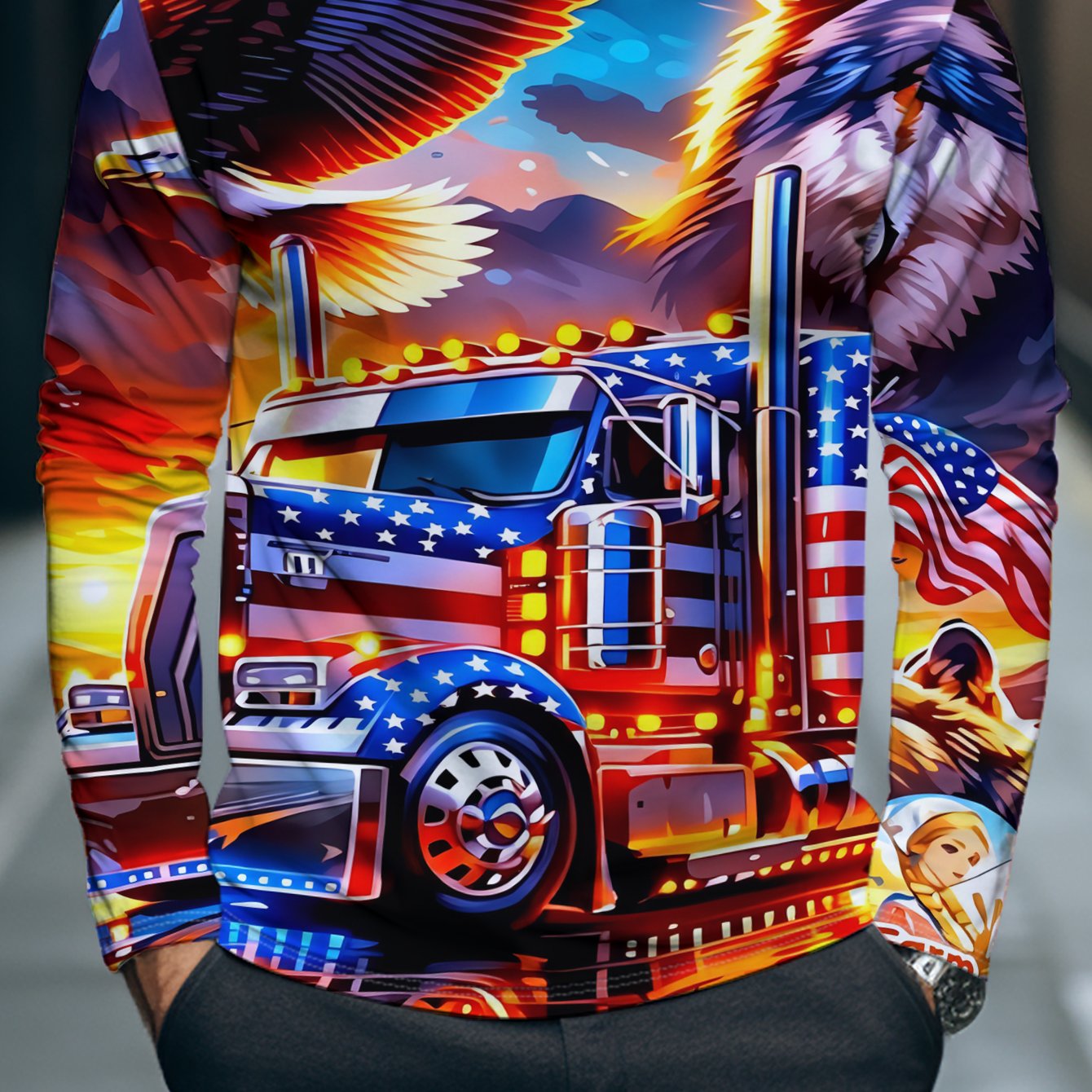 TEMU Men's Colorful Long Sleeve Top With Printed , Eagle, And Flag