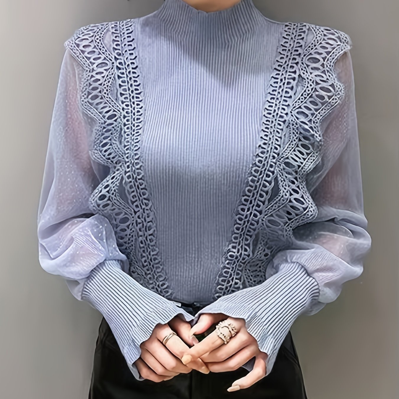 TEMU 春秋新作 和風 万能デザイン かぎ針編みメッシュ ランタンスリーブ パッチワーク 長袖セーター レディース 通勤、デート、音、集まり、ショッピング、家、お出かけ、ビーチウォークに最適