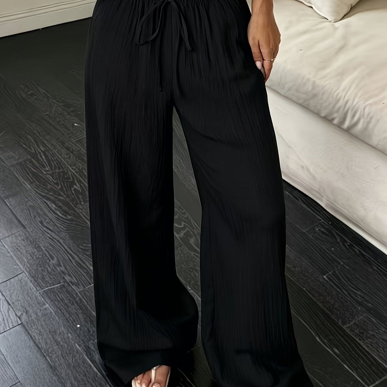 TEMU Summer New Women's Casual Solid Texture Fabric Fake Drawstring Wide-leg Pants