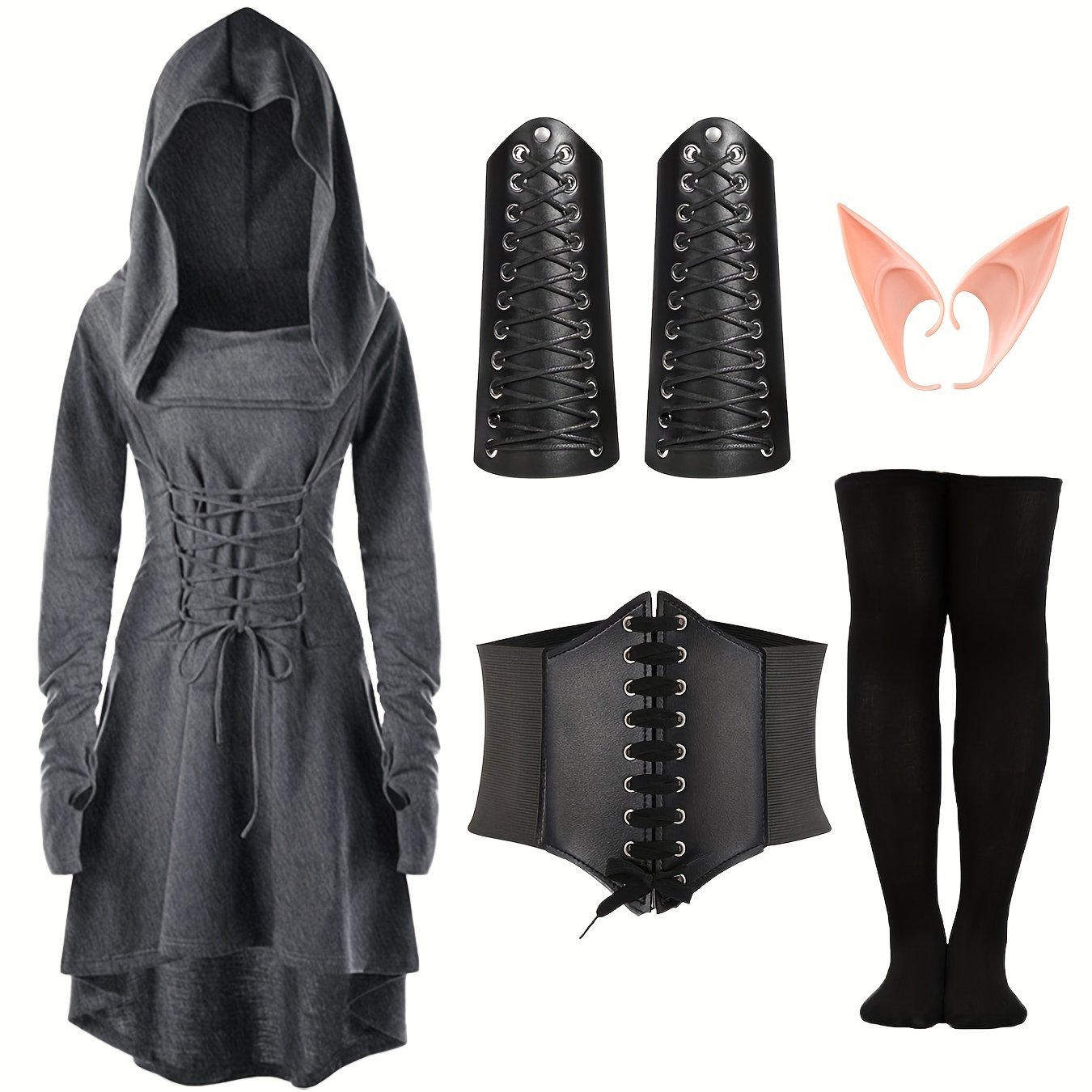 YORDET Vestido Gótico Medieval Para Mujer Con Capucha Y Corsé – Set Renacentista Con Protectores De Brazos Y Medias Para Halloween Y Carnaval