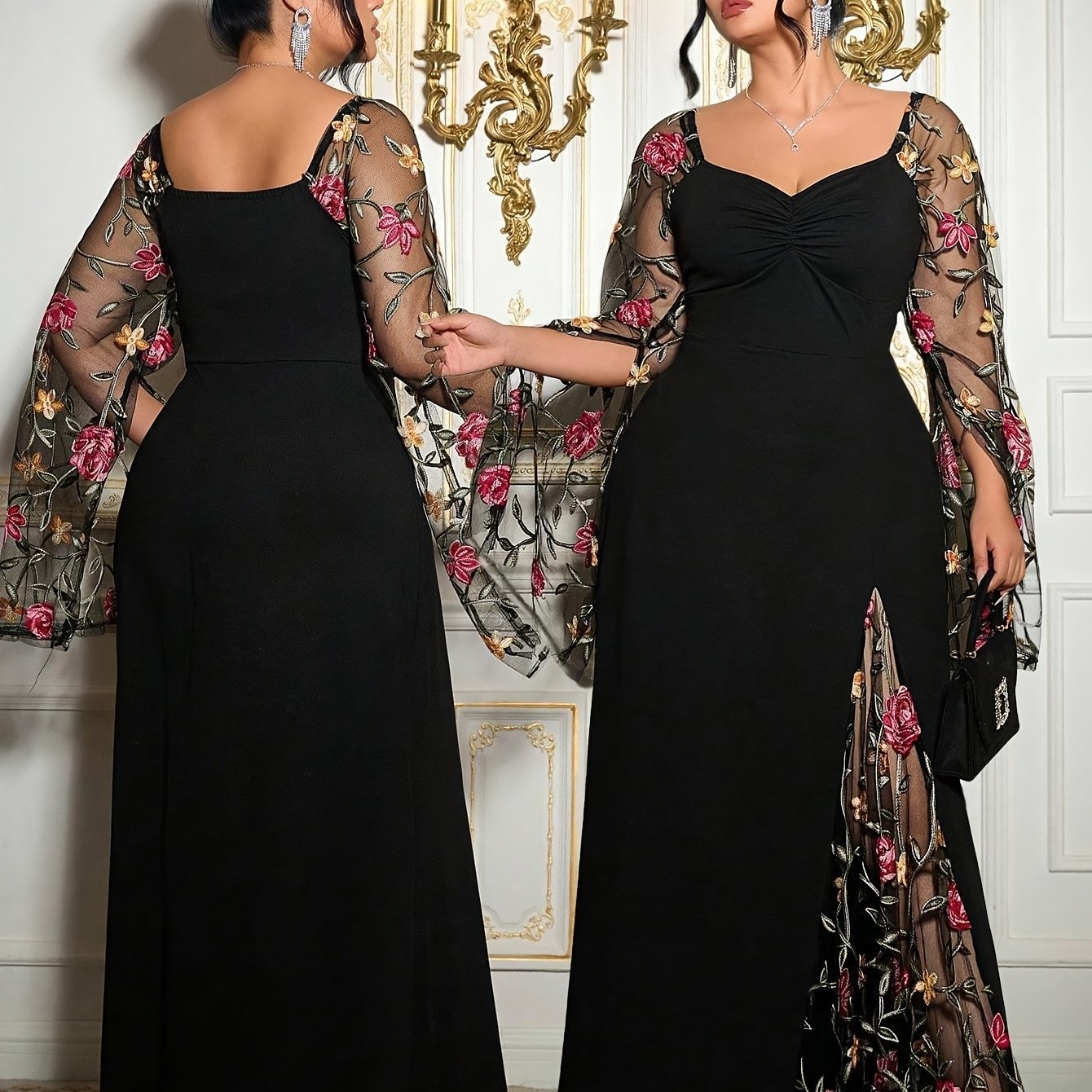 E-shop Elegantes, figurbetontes Kleid in Übergröße aus besticktem Netzstoff im französischen Stil, geeignet für Partys, formelles Abendkleid für in