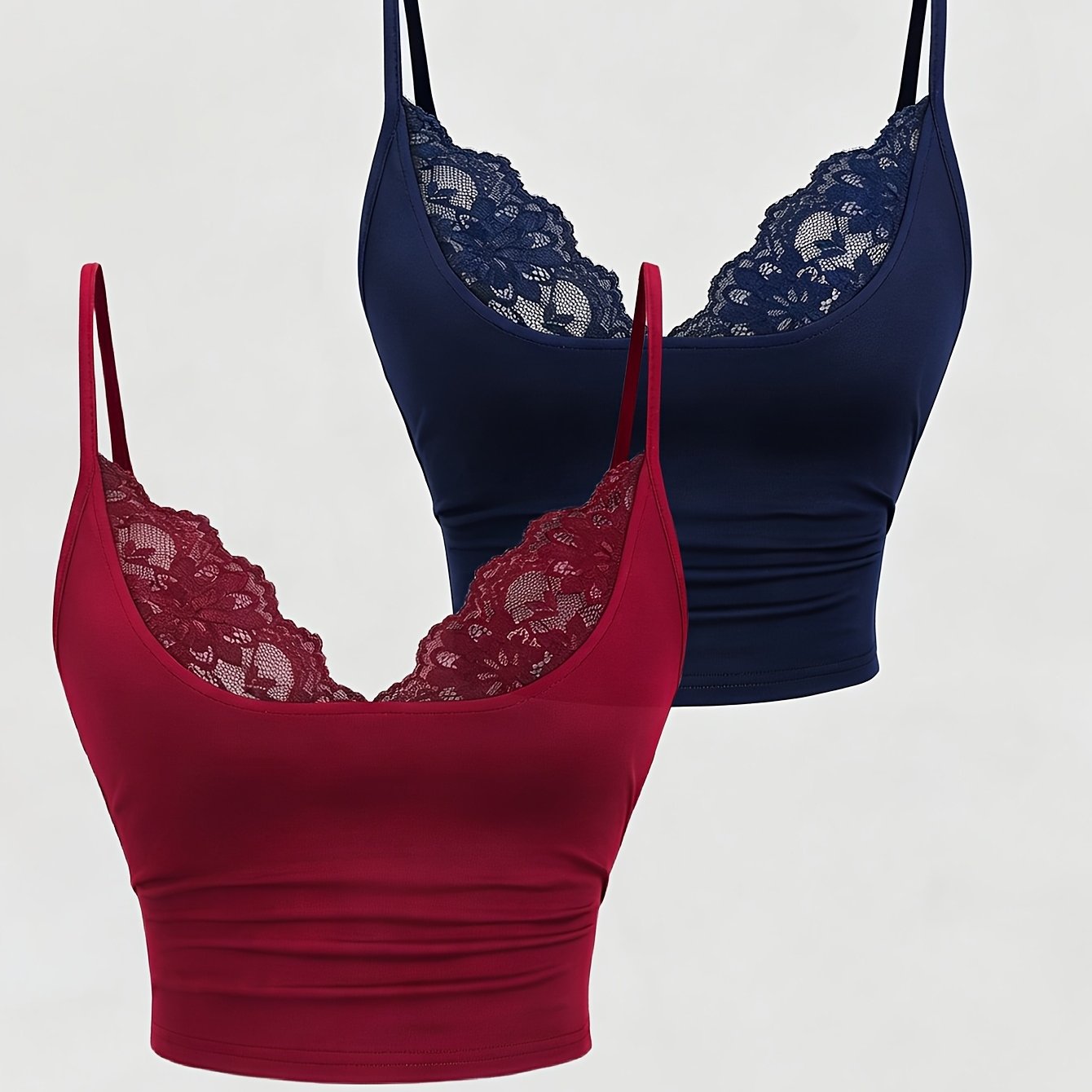TEMU Conjunto de 2 piezas para mujer: Camisola de encaje empalmado con cuello en V, top corto sin y sin espalda, adecuado para , verano y otoño