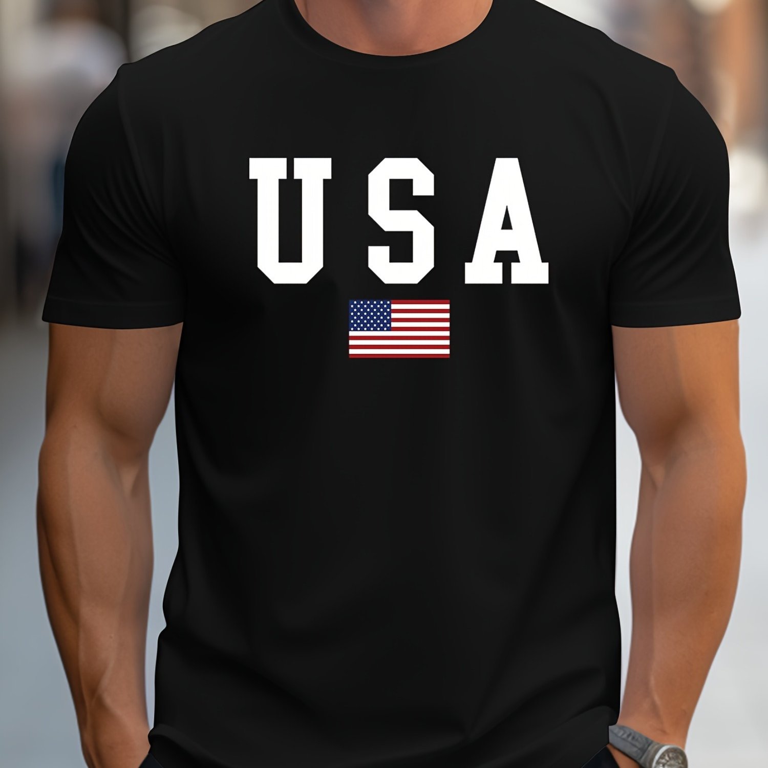 TEMU Crew Neck Usa Print Men's Fashionable Summer Short Sleeve Sports T-shirt, Comfortable And Versatile