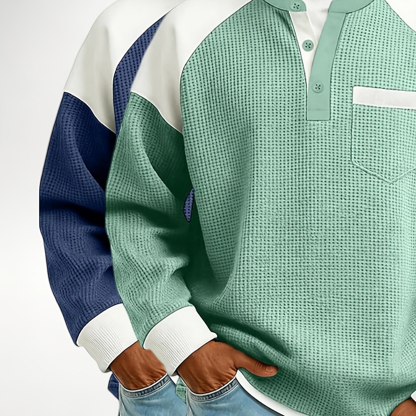 Image of 2pcs Vintage Color Block Waffle Textured Henley Sweatshirt, Men's Loose Fit Casual Long Sleeve Hoodie Tops, Plus Size Spring Autumn Daily Outfits, Stylish Henley Shirts With Pocket