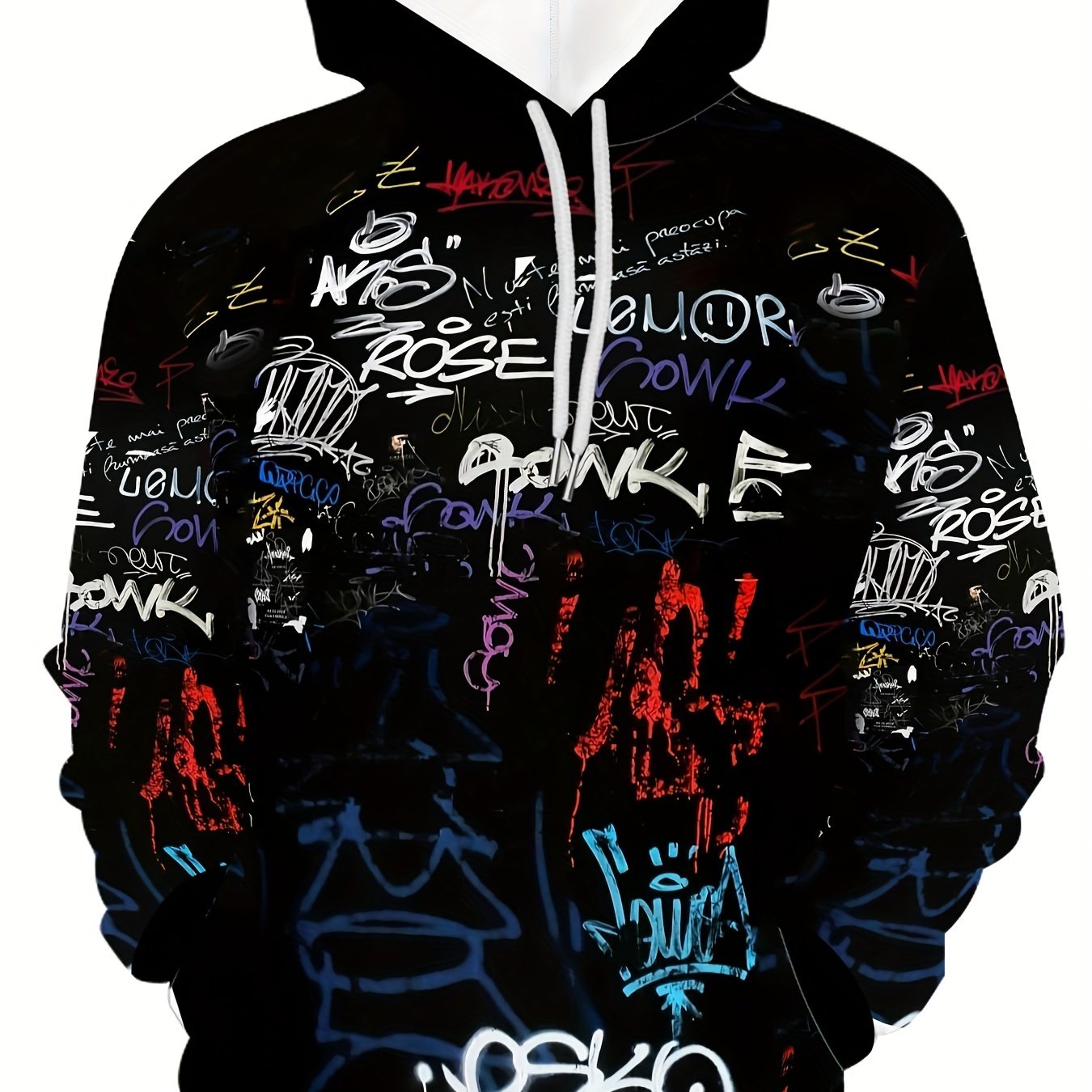 TEMU Men's Graffiti Hoodie With Kangaroo Pocket, Casual Long Sleeve Hooded Sweatshirt For Outdoor