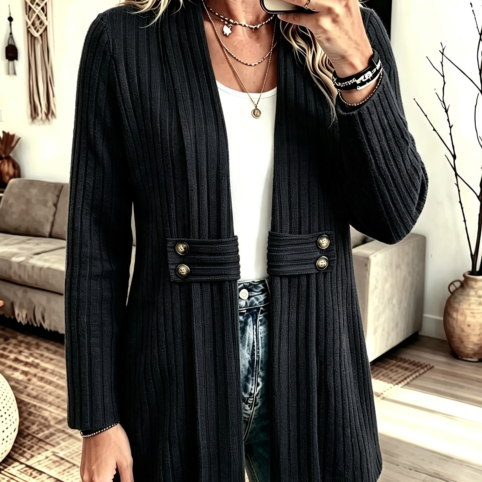 TEMU New Autumn : Women's Fashionable And Elegant Ribbed Lapel Button-up Long Sleeve Cardigan Coat
