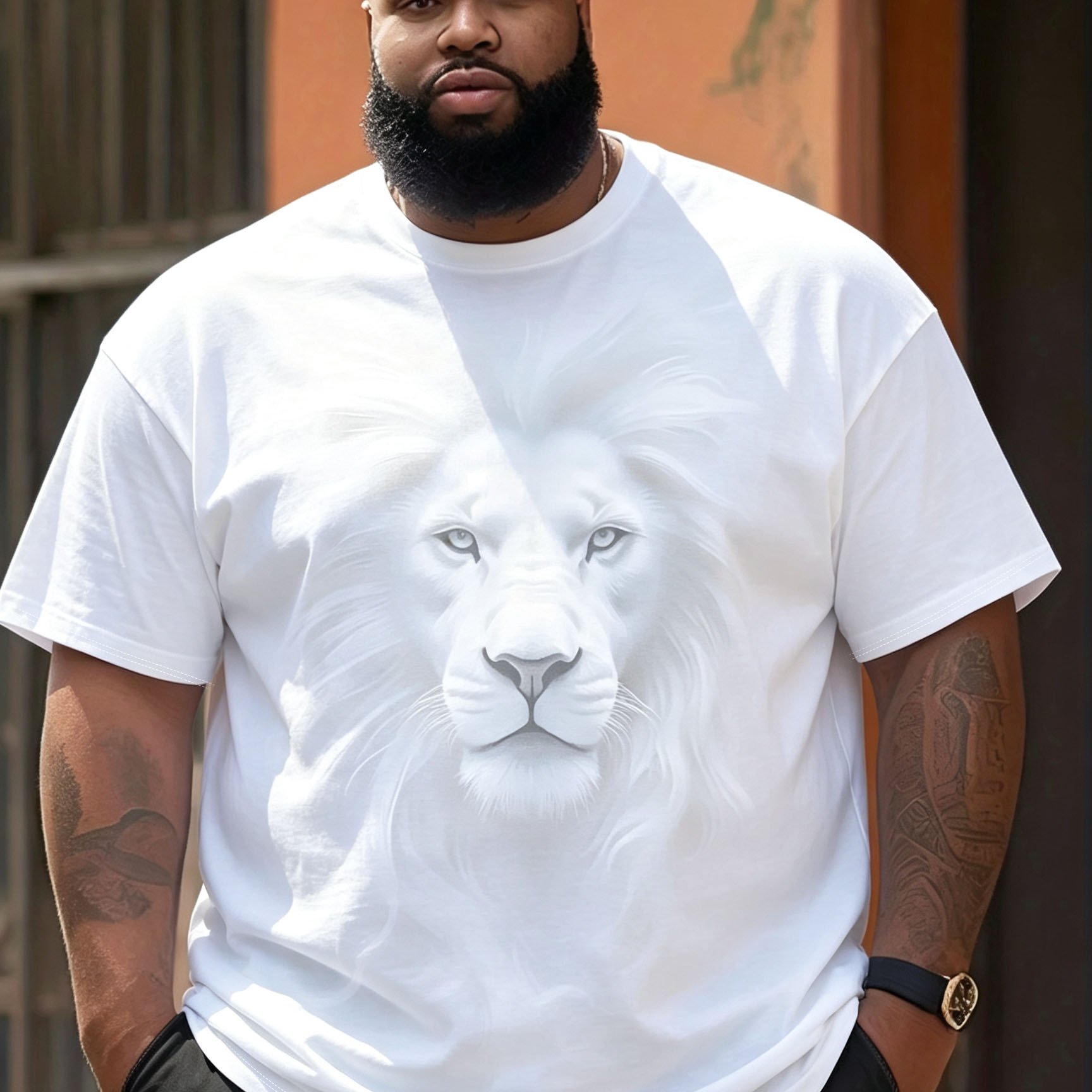 TEMU Men's Lion Print T-shirt- Street - Fashionable Casual Formal Wear- Machine Washable And Resistant To Deformation, Plus Size