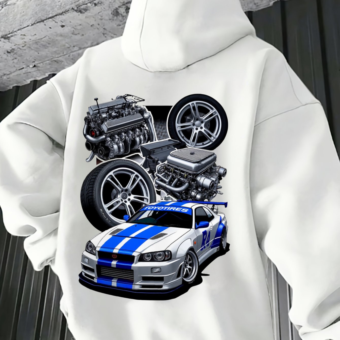 Image of Men's Automotive Graphic Hoodie | Racing Car Engine & Wheels Design Hooded Sweatshirt With Front Pocket | Soft Pullover, Casual Wear, Sporty Look, Durable Fabric, Unisex, Perfect For Fall/winter