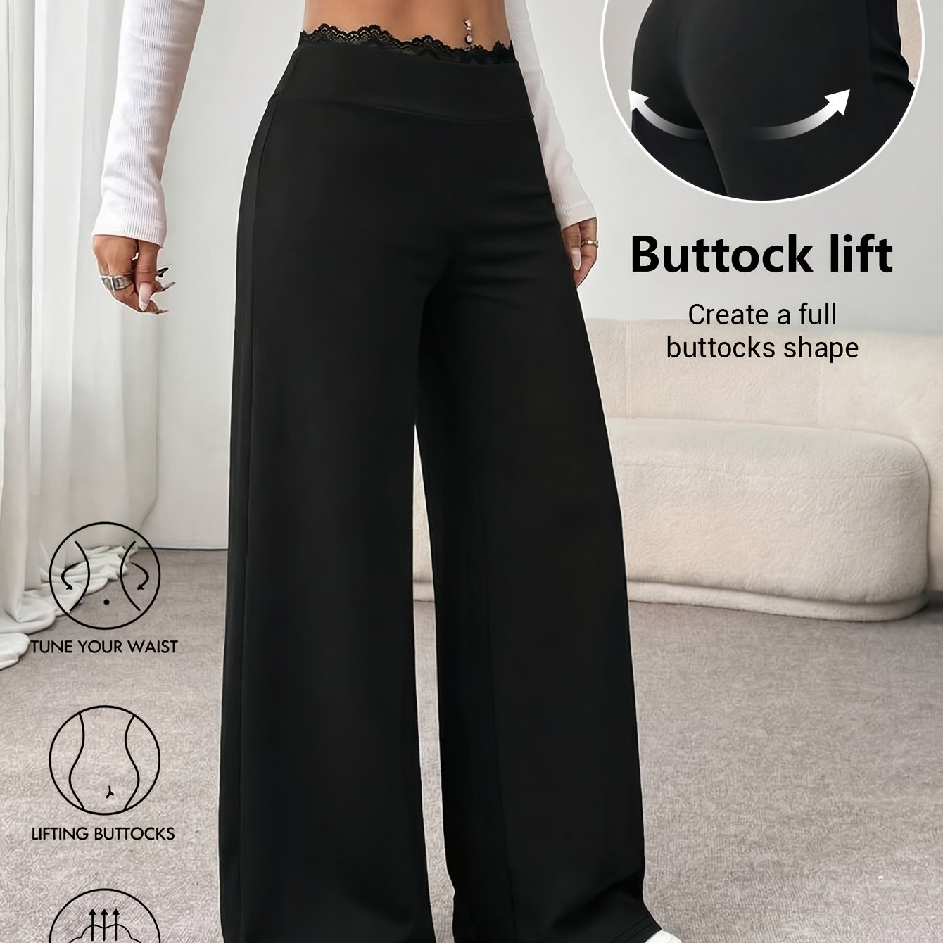 TEMU Nouveau pantalon large à ceinture en dentelle pour femmes | Design transparent à volants découpés, adapté aux tenues décontractées, pantalon