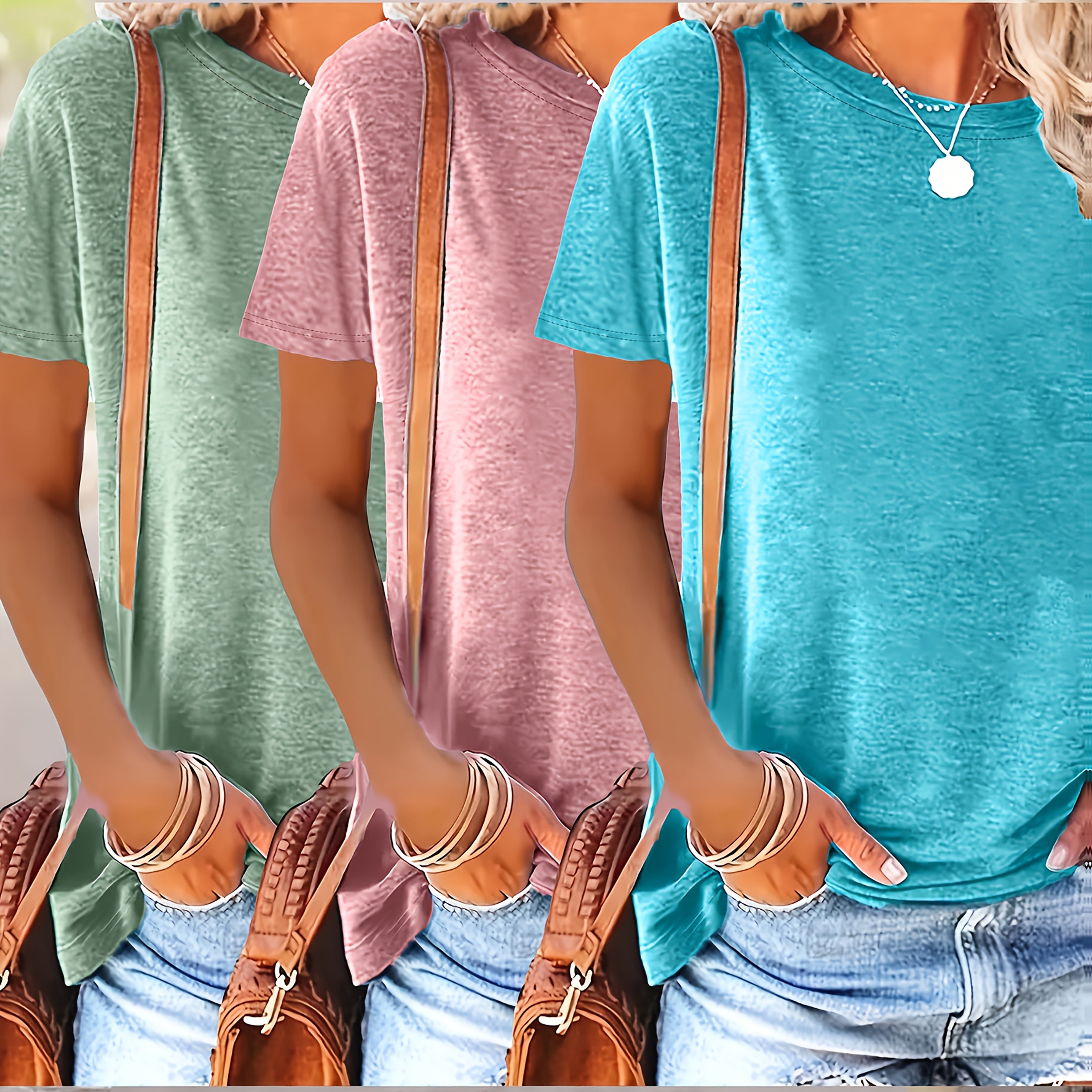 Plus Size, 3pcs Solid Color Round Neck T-shirts, Casual Short Sleeve Spring/summer Tops, Women's Clothing