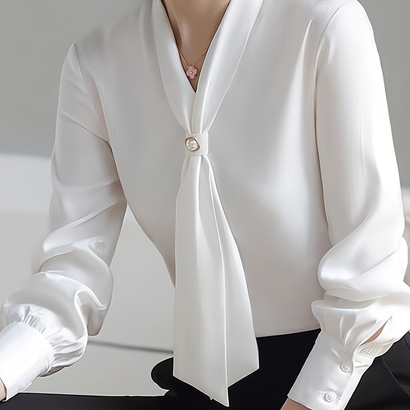 TEMU Chic Elegant Chiffon Blouse With Beaded V-neck And Tie Detail - Long Sleeve, Semi-sheer, Machine Washable - Stylish Workwear, Lace Embellished