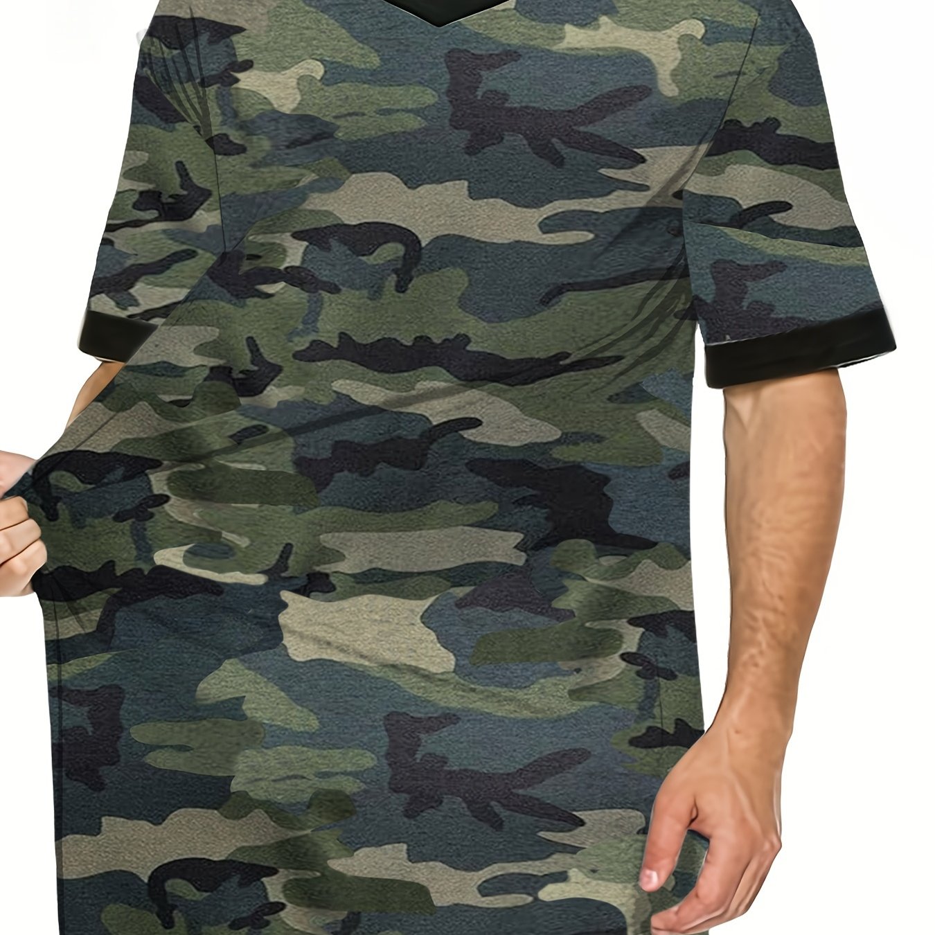Plus Size Men's Casual Printed Pajamas Loose Camouflage T-shirt, Plus Size