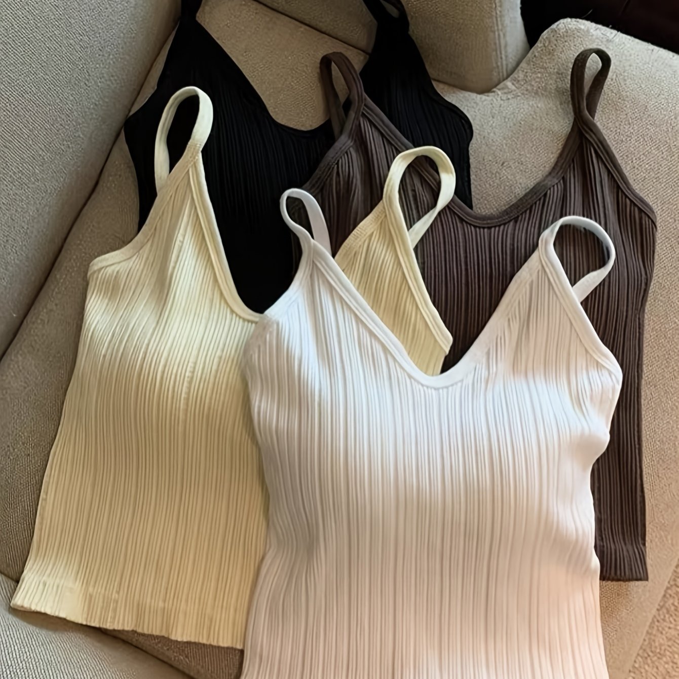 Image of 4pcs Set Spring/summer V-neck Vertical Stripe Camisole With Built-in Padded Bandeau Bra, Slim-fit, Fine Straps, Backless Base Layer, For Teenager