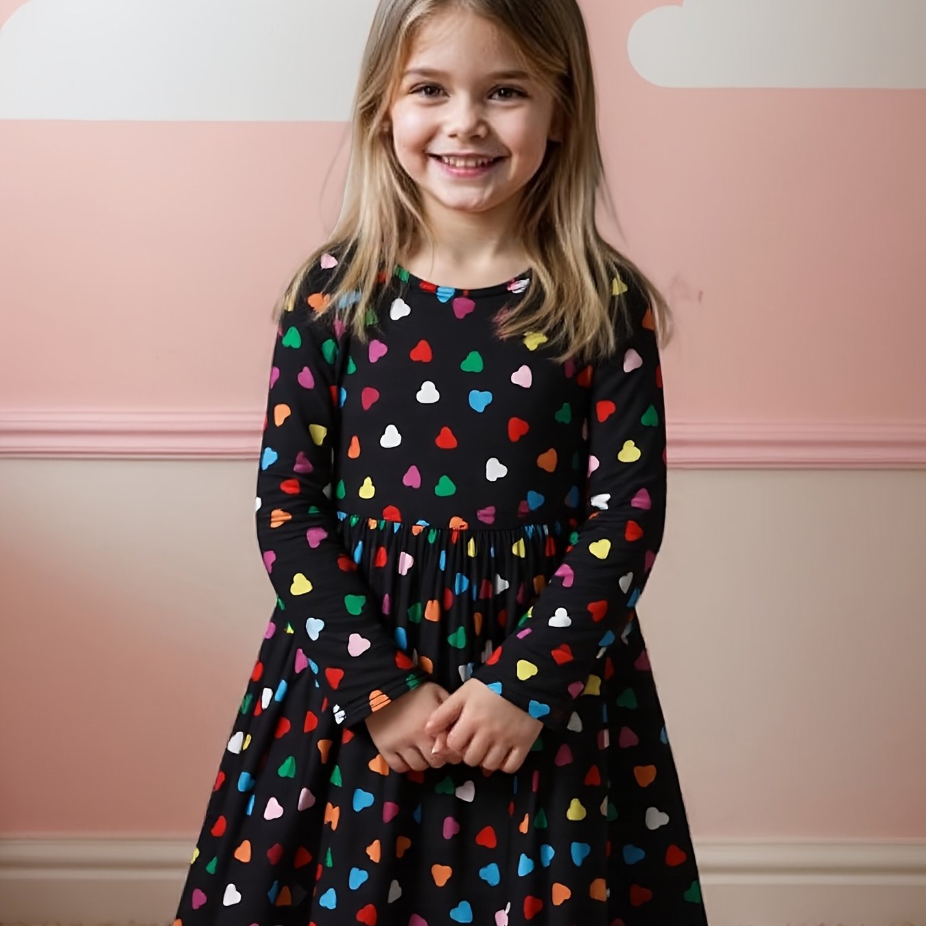 Image of Girls' Heart Print Long Sleeve Dress Motif, Suitable For Autumn/winter, As A Gift, Random Print