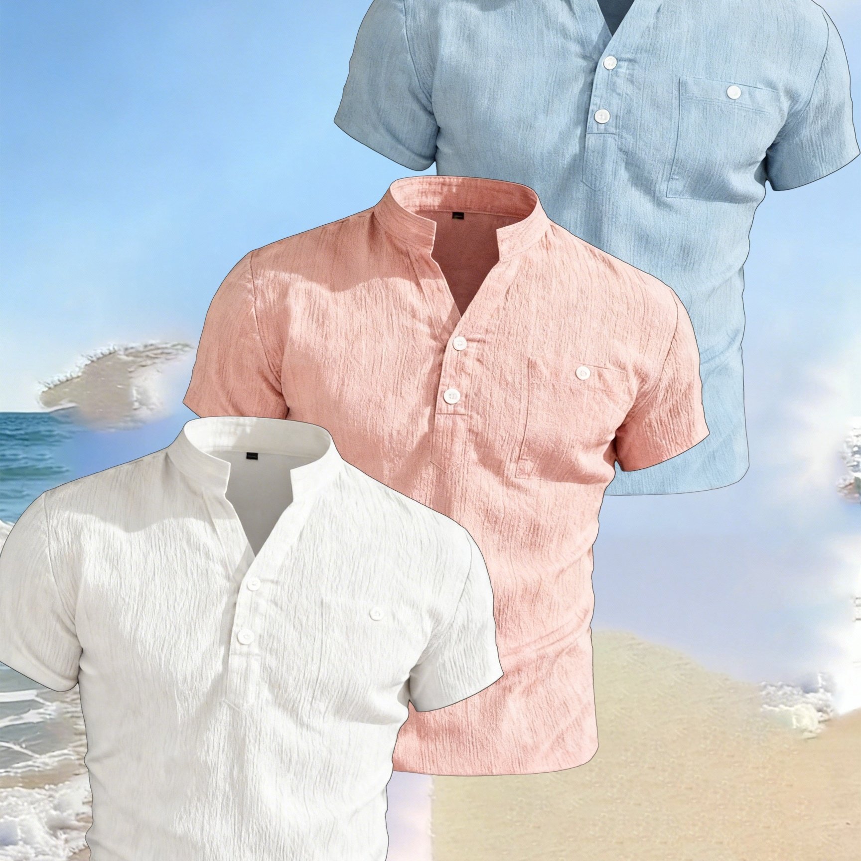 TEMU Rose Obm Men's Summer V-neck Short Sleeve Shirt Three-pc - Lightweight, Breathable, Solid Color Stand Collar Button-up Casual Shirt With Pocket,