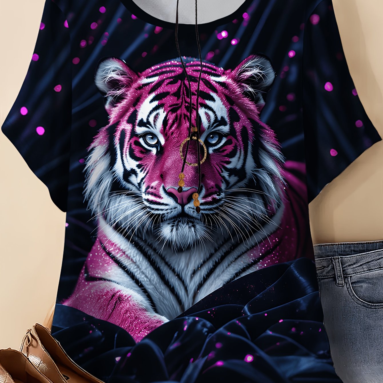 TEMU Plus Size, Plus Size Women's T-shirt - Vintage Tiger & Heart Print Round Neck Short Sleeve Blouse-compatible Top | Suitable For Daily Outfits,