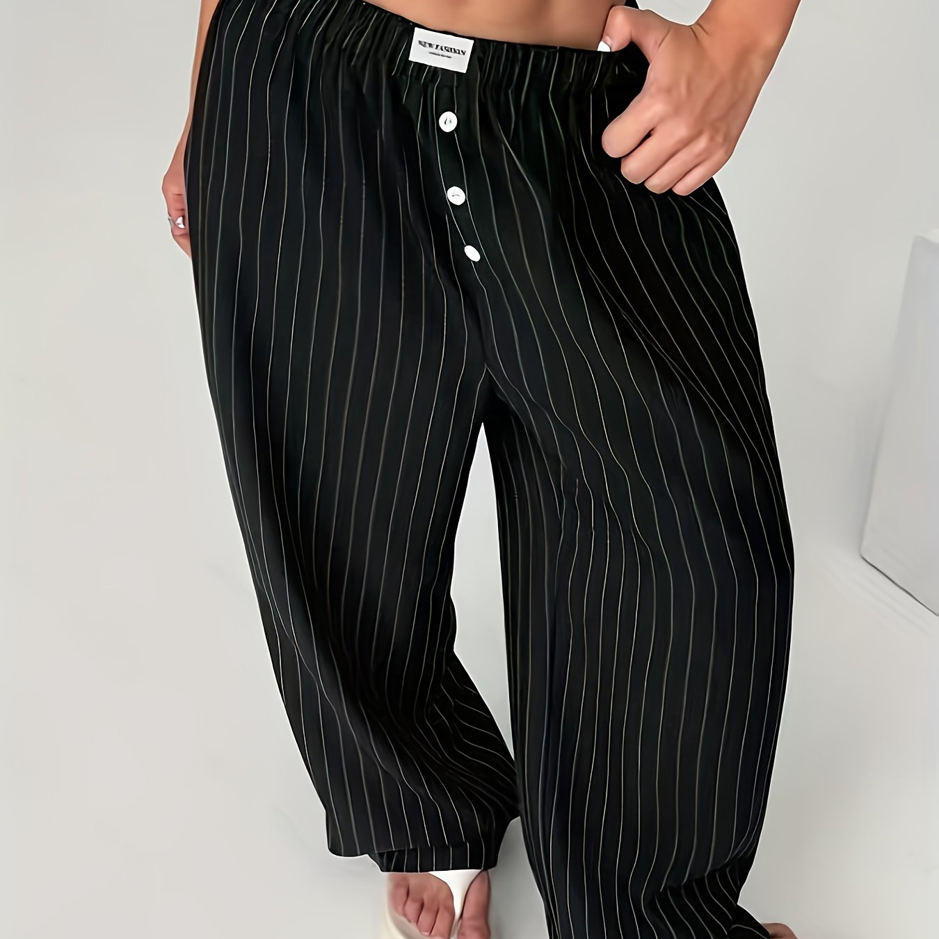Image of Plus Size Vacation. Elegant Striped Printed Button-up Pants, Spring New Arrival. Extension. Casual Elastic Waist Wide-leg Trousers, Women's Plus Size Clothing