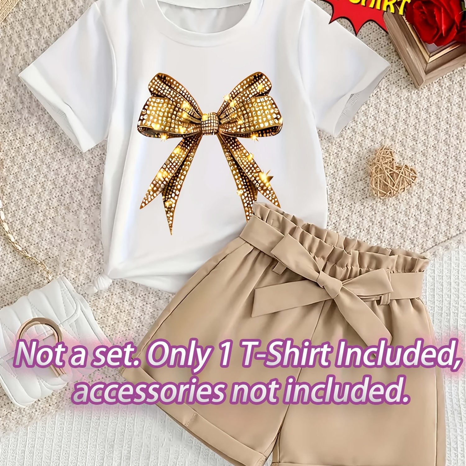 Image of Girls' Single Piece White Short Sleeve T-shirt, Cartoon Bow Print, Gentle And Comfortable Fabric, Not A Set, Suitable For Outdoor Leisure And Daily Wear
