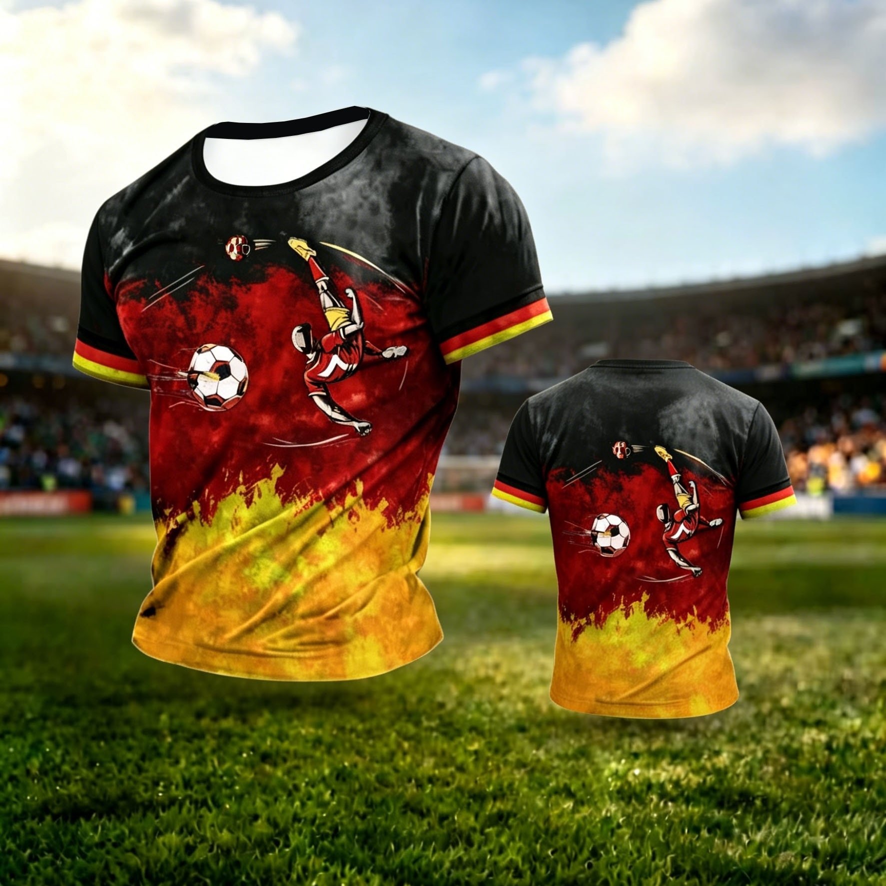 TEMU [printed Design - Not Textured] Summer Men's German-style Black, Red, And Yellow Gradient Football Sports Print Short-sleeve T-shirt, Breathable