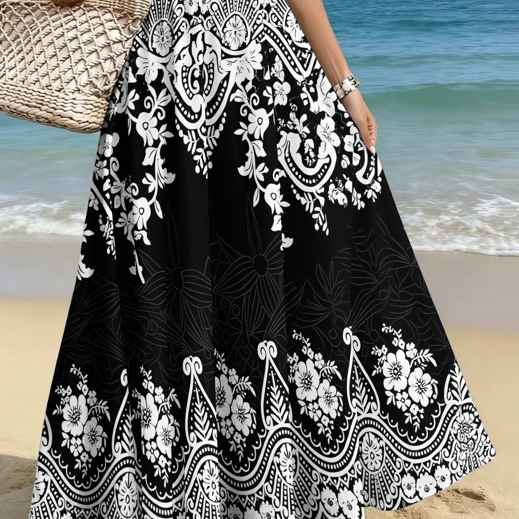 TEMU Plus-size Women's Elegant And Stylish Midi Skirt, Casual Printed Midi Dress, White Floral Pattern With Lace Trim, Suitable For