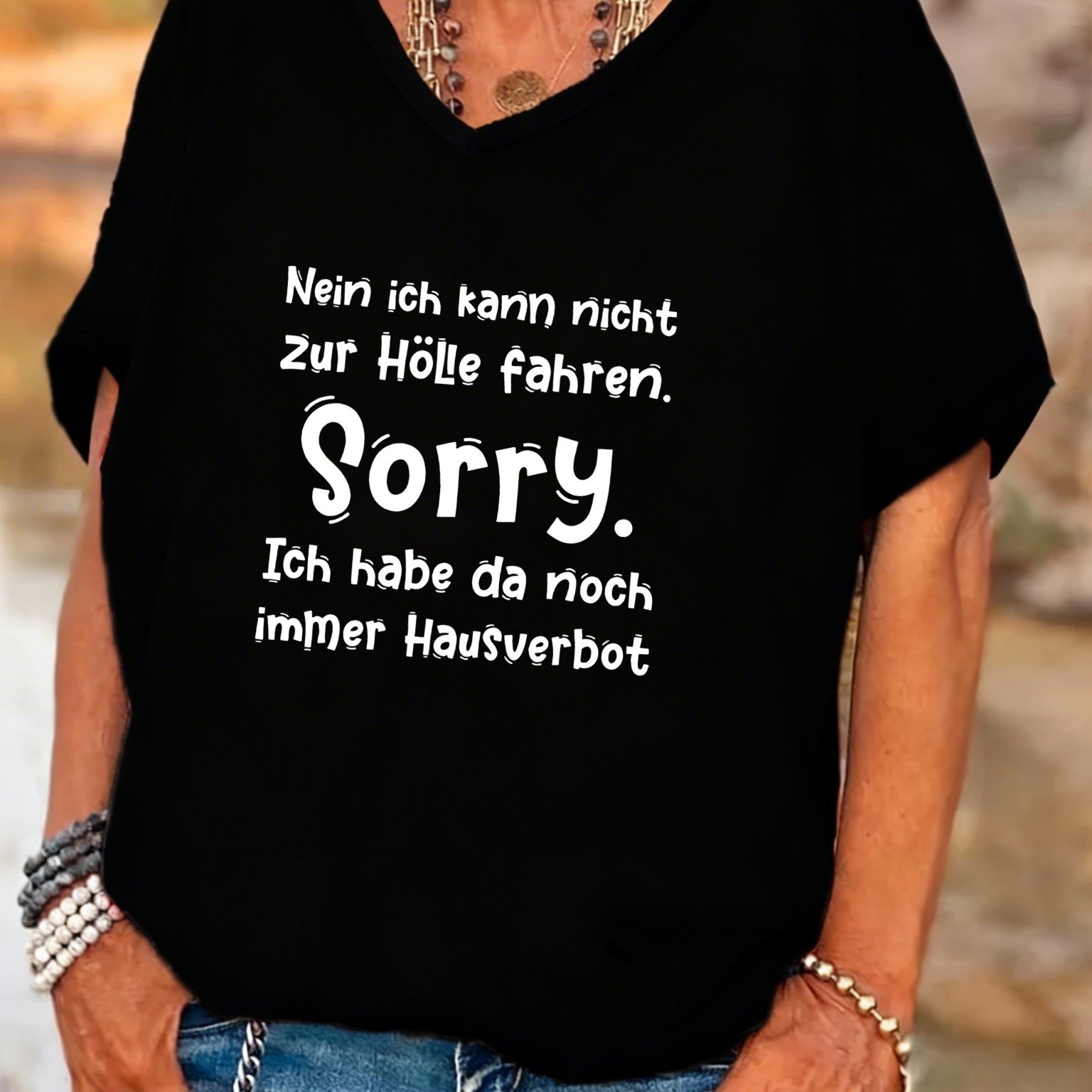 TEMU Damen T-Shirt in Übergröße mit V-Ausschnitt, Fledermausärmeln lustigem Slogan-Aufdruck mit deutschem Text für Freizeitkleidung Alltagsoutfits