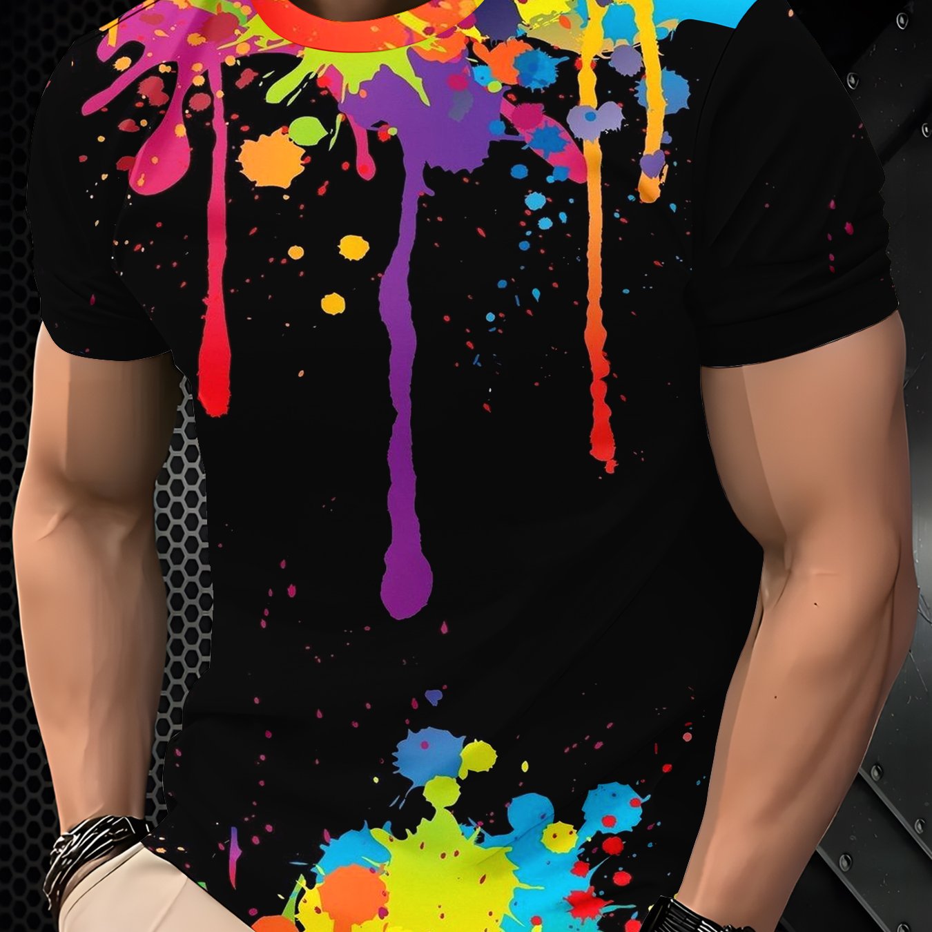 TEMU Vibrant Ink Splatter Doodle Print T-shirt, Trendy Artistic Style Pattern, Casual Short-sleeve Men's Apparel