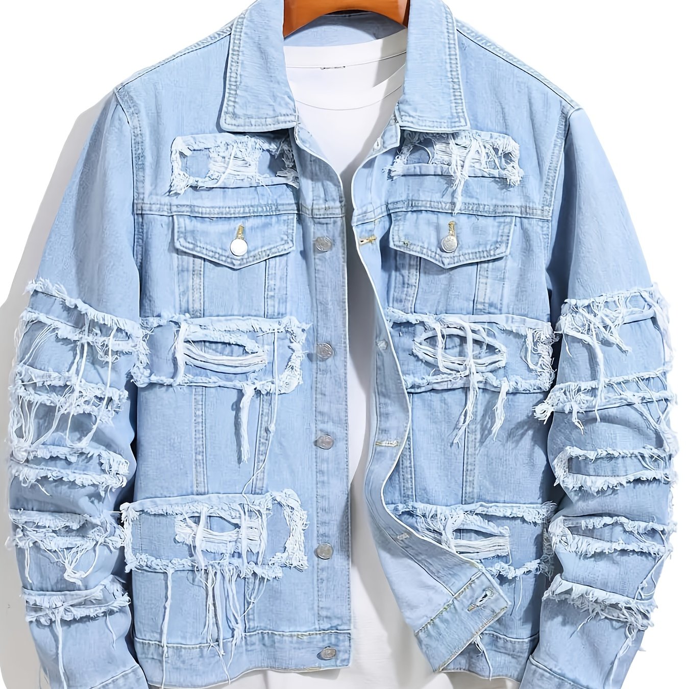 Image of [hme] Street Ripped Denim Jacket, Loose And Versatile Denim Jacket, Fringed Design With An Old-fashioned And , Open Front, Single-row Button Closure, Trendy And Fashion Flying Denim Jacket