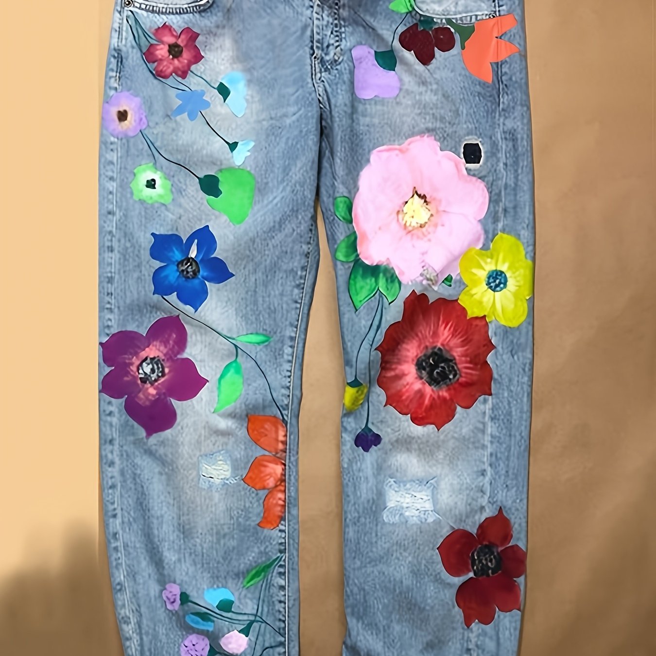 TEMU New Arrival. Four-season Trendy Women's Printed Ripped Slim-fit Non-stretch Jeans. European And Straight-leg Trousers With Great , Casual