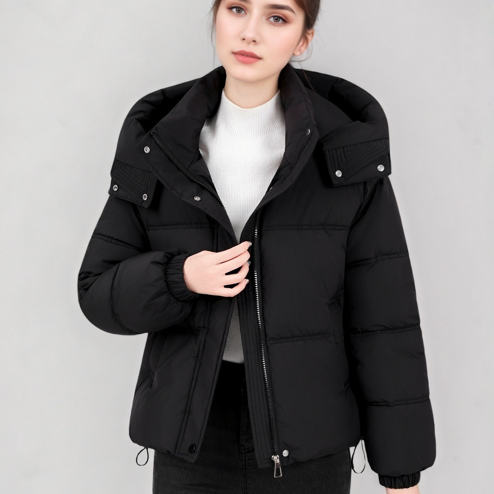 TEMU Neue Damen-Herbst/Winter-Steppjacke mit abnehmbarer Kapuze, überschnittenen Schultern, modische kurze Bürojacke, warme Oberbekleidung mit Kapuze