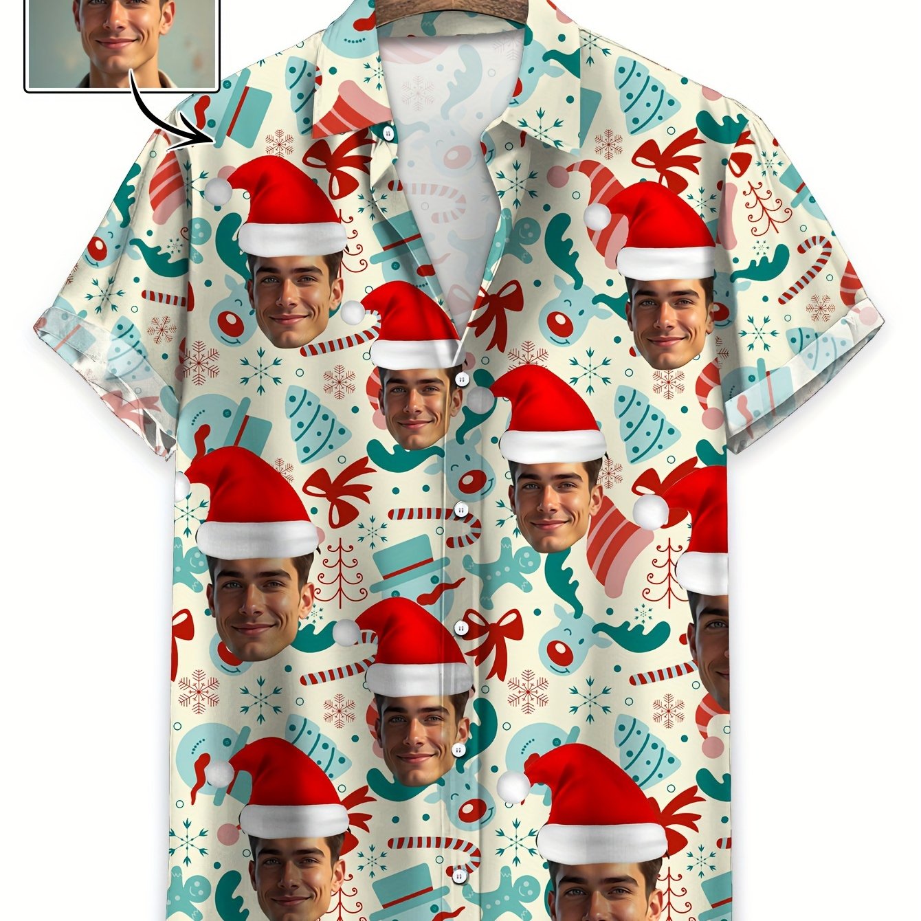 TEMU Customizable Christmas Hawaiian Shirt - Personalized & Print, Short Sleeve, Polyester, Machine Washable