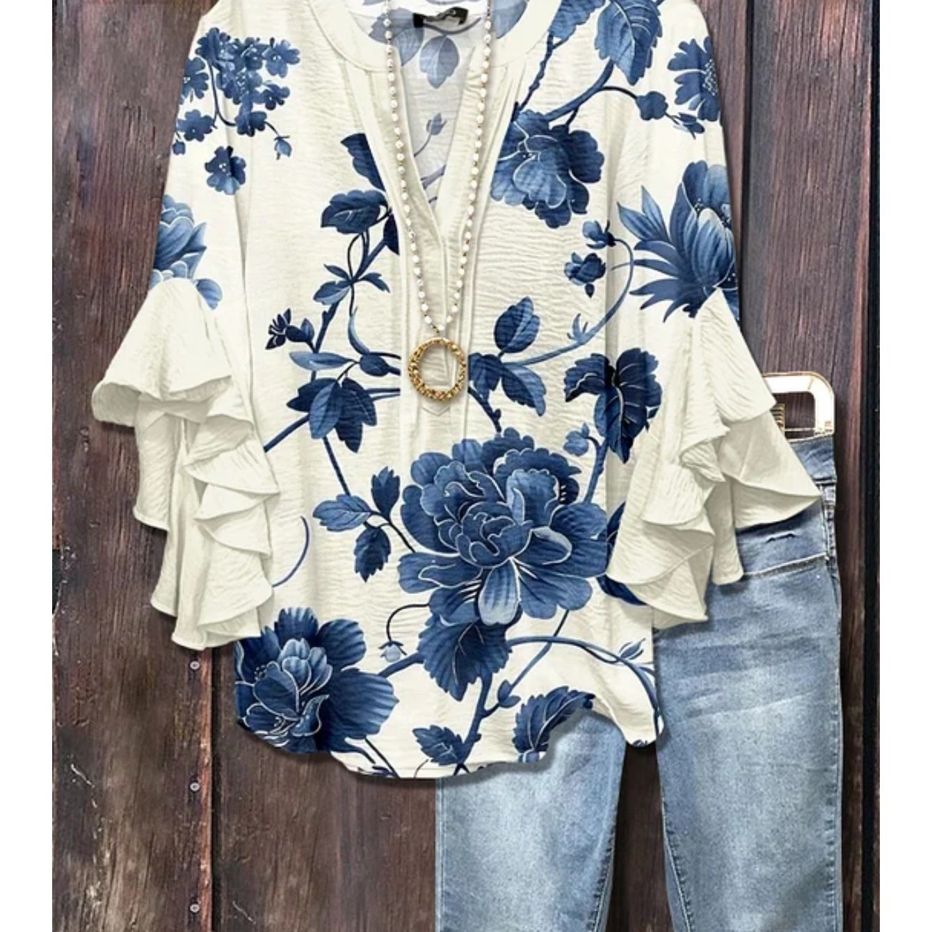 Plus Size, Plus Size Women's Clothing Bohemian Style Floral Print V-neck Shirt, Lightweight And Wrinkle-resistant Short-sleeved Top, Bell Sleeves And Asymmetrical Hem Pullover