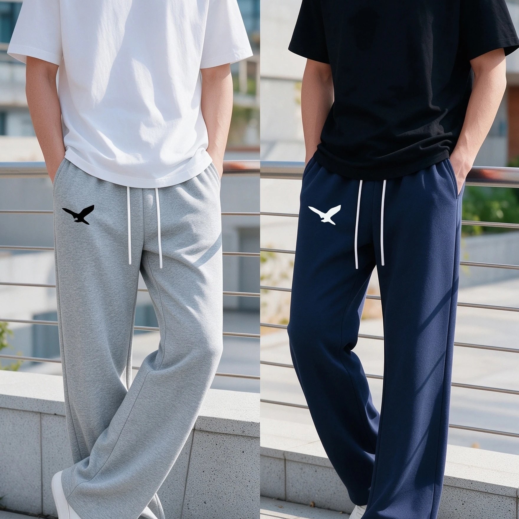TEMU 2pcs Pantalons de survêtement larges pour hommes avec imprimé aigle, pantalons décontractés à cordon de serrage à la taille, pantalons de sport