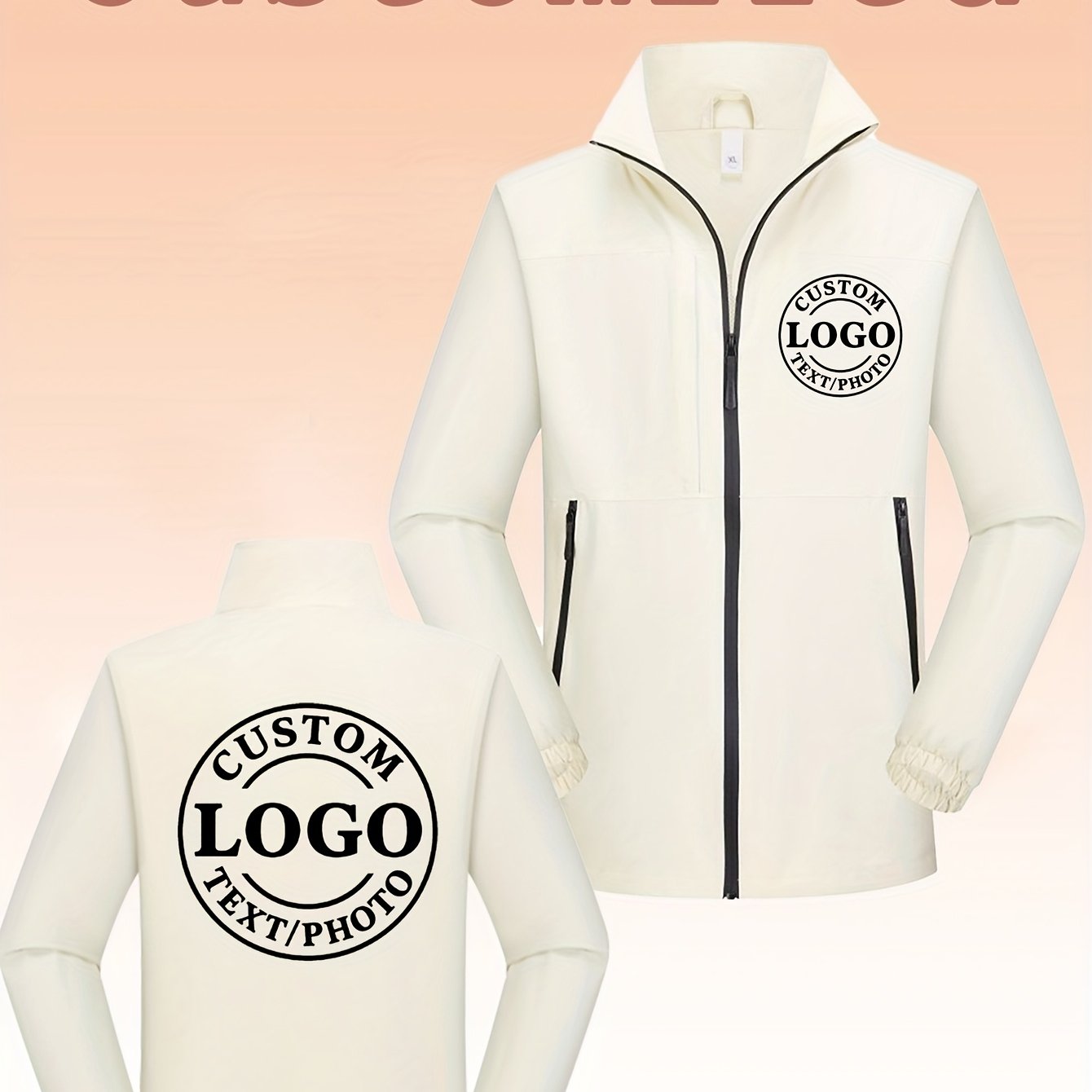TEMU Custom Couple Windbreaker Jacket - Personalized Photo Text/logo, Lightweight Full Zip With Zipper Pockets, Loose Fit Casual Running Jacket,
