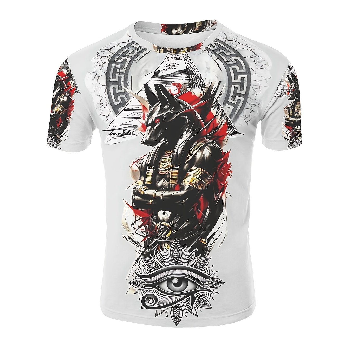 TEMU Men's Polyester T-shirt With Ancient Egyptian Graphic, Featuring Pyramid And Eye Of Horus Print, Cool Mythology Themed Short Sleeve Tee,