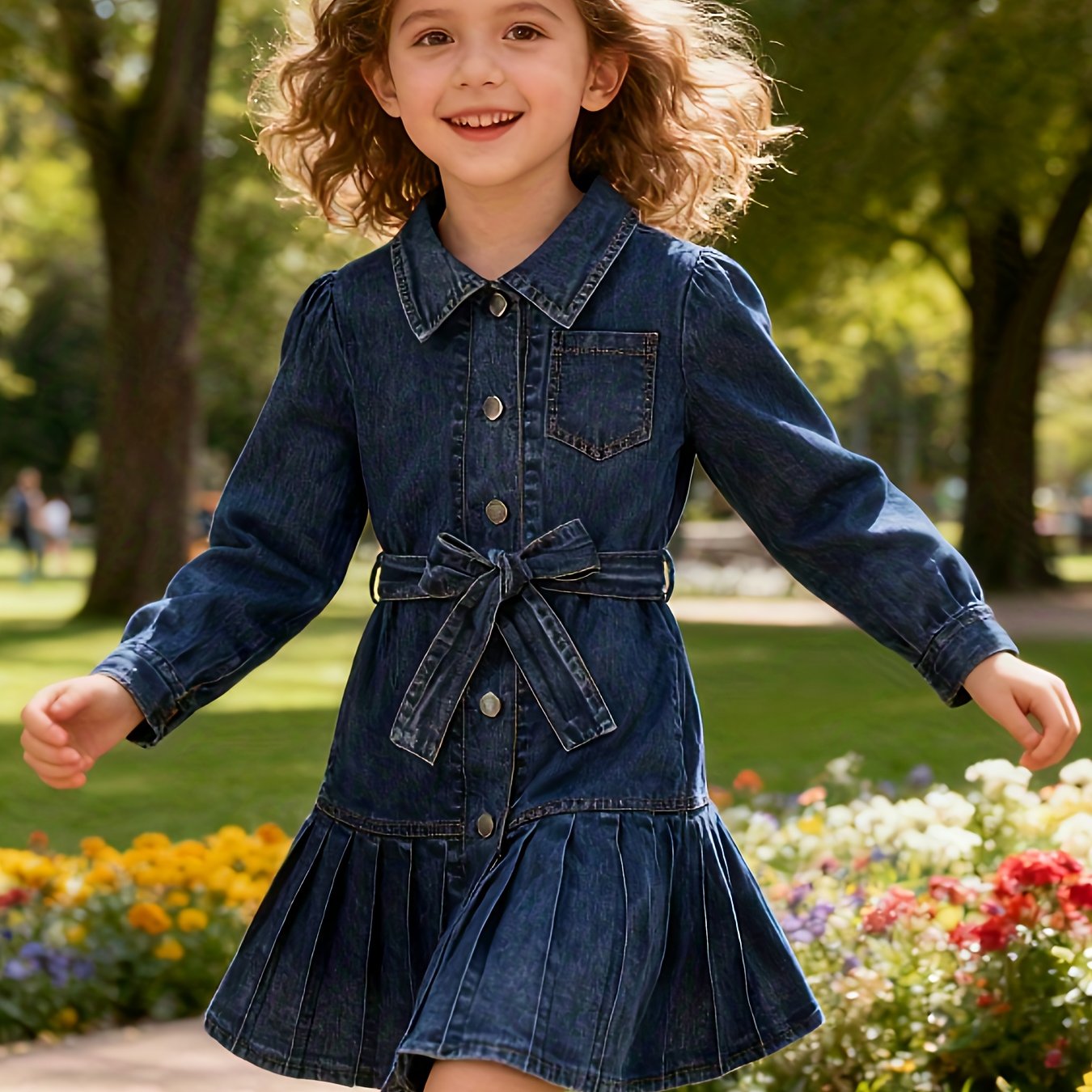 Girls' Fashion Casual Denim Shirt Dress With Belt