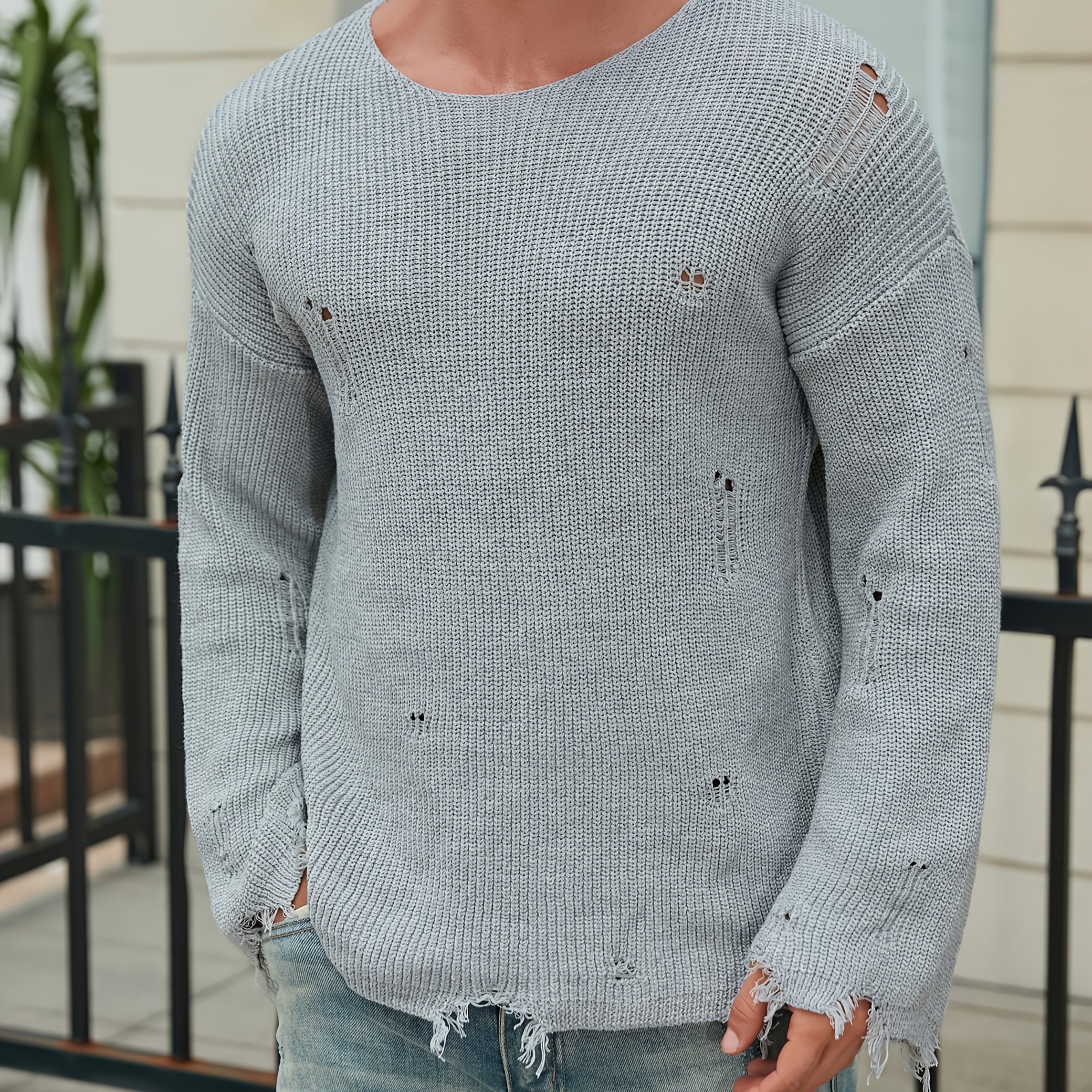 New European And Men's Knit Sweater, Round Neck Long Sleeve, Hollow-out Pullover, Casual Versatile Streetwear, Relaxed Style, Floral Print Ripped Knit Pullover For Spring/summer