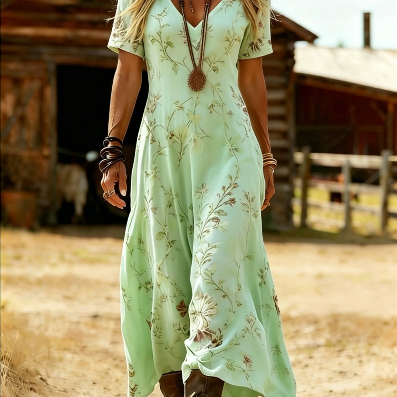Image of Plus Size, Plus Size Women's Summer Printed V-neck Short Sleeve Dress, Bohemian Casual Dress, Elegant Medium And Long Dress Breathable And Stylish, Perfect For Casual Attire, Perfect Gift For Her