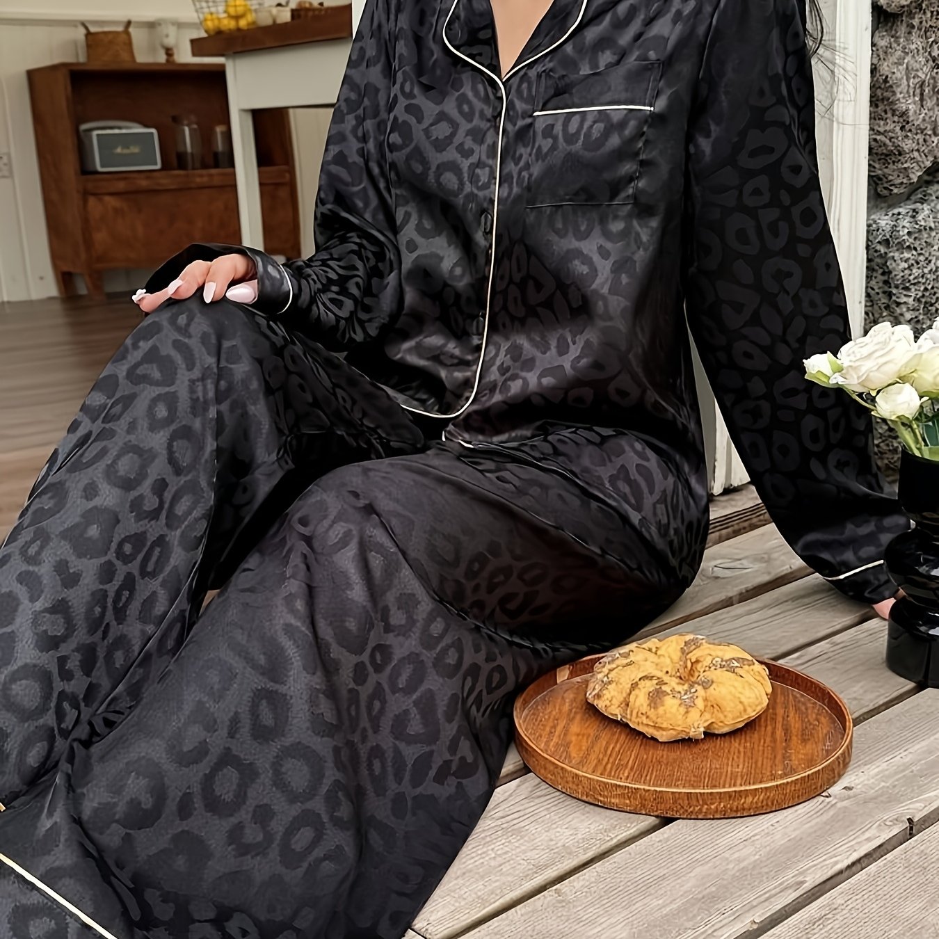 TEMU 6.26 Camiseta de larga, pantalones largos extendidos, solapa de jacquard de leopardo, pijamas con cintura elástica, ropa casual para el hogar