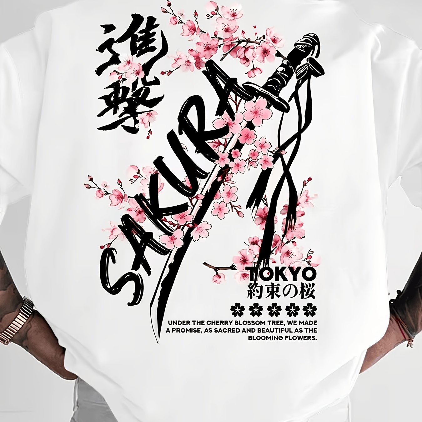 TEMU Men's Japanese T-shirt With Sakura - Tokyo Themed Round Neck Short Sleeve Shirt Suitable For, Themed Events & Casual Wear, Machine Washable