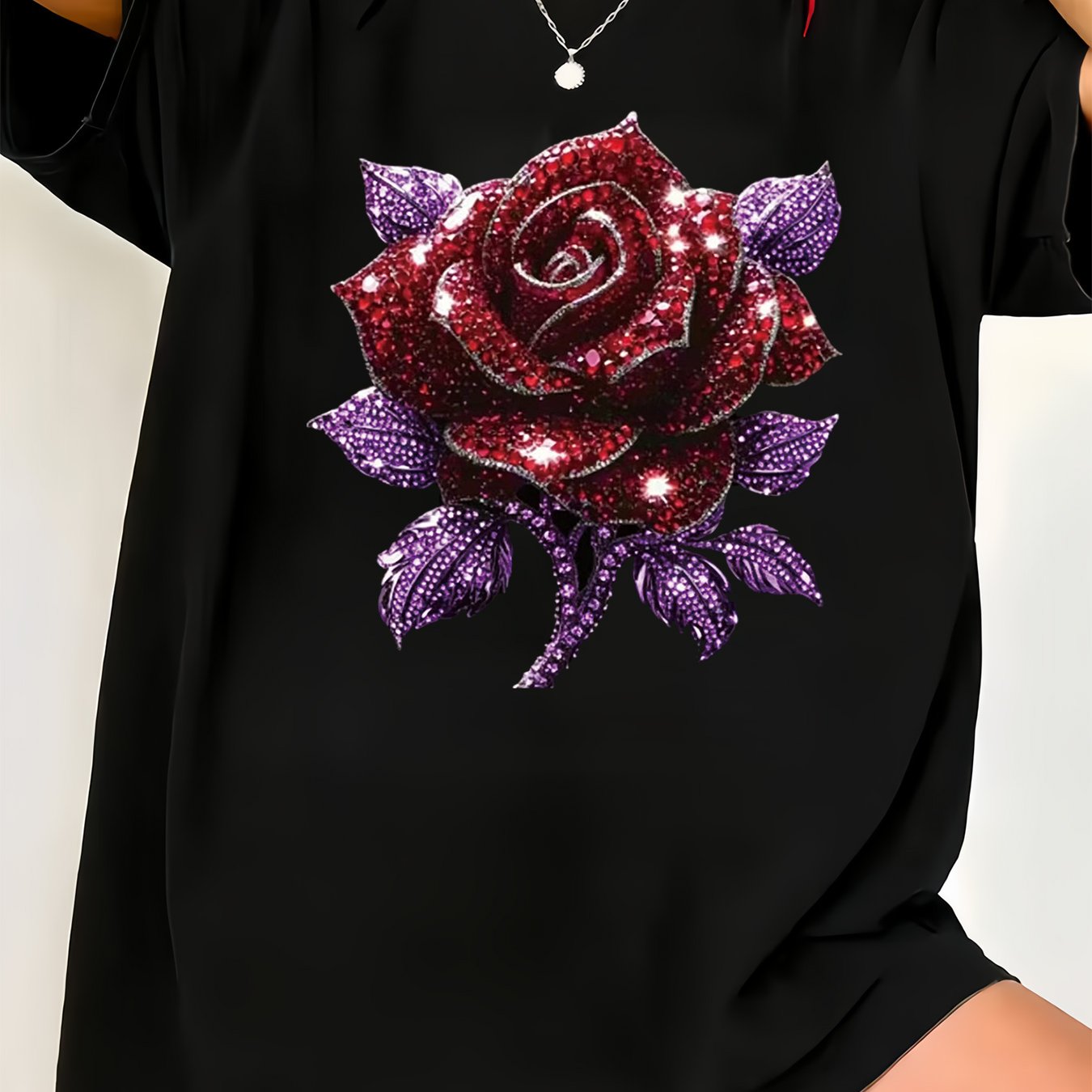 TEMU Plus Size - Plus Size - 0xl-8xl Plus Size Round Neck Short Sleeve T-shirt, Featuring Rhinestone Red Rose Shimmering Effect Pattern Print, Soft