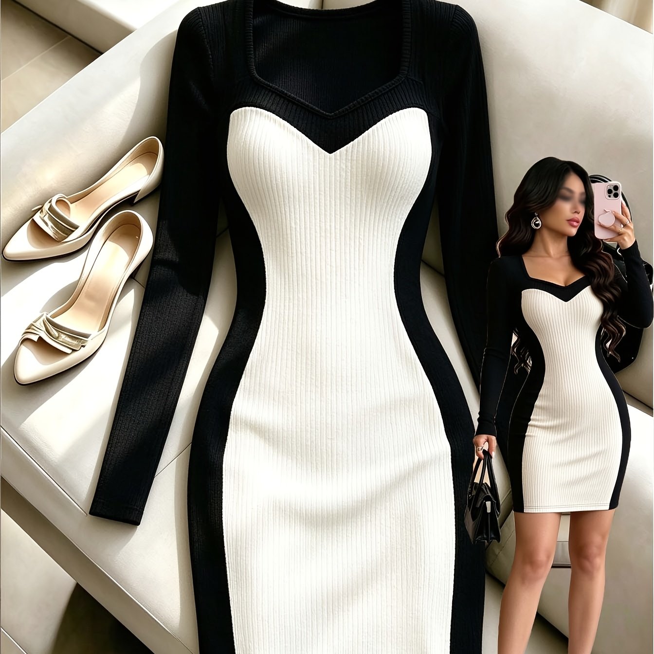TEMU Directional Casual Stretch Striped Women's Elegant Long Sleeve Dress