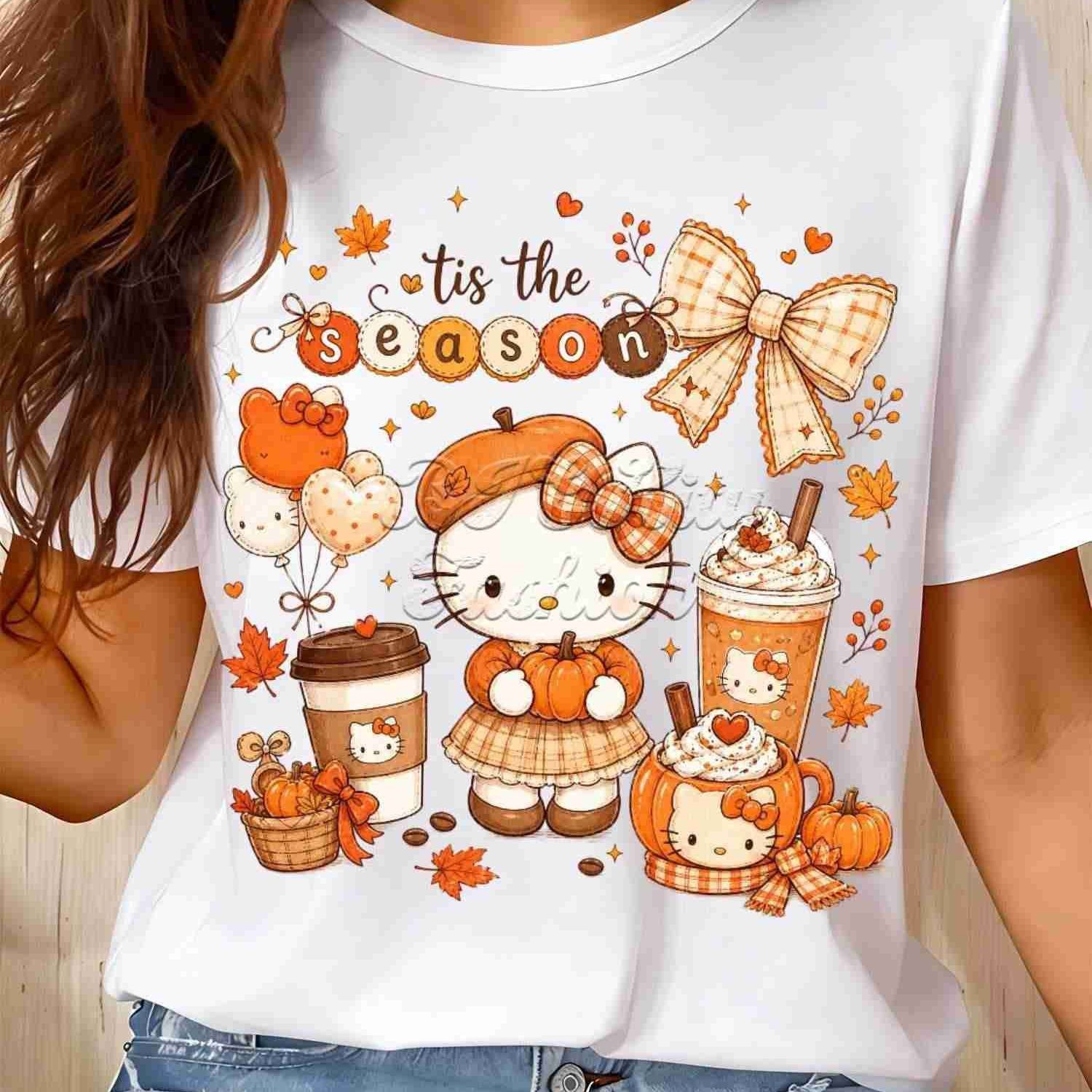 Women's Plus Size T-shirt, Hello Kitty " " Autumn Graphic Tee, Pumpkin , Bow And Fall Leaves Print Shirt | Solid Color Crew Neck Top, Thanksgiving Gift, Fall Celebration Outfit