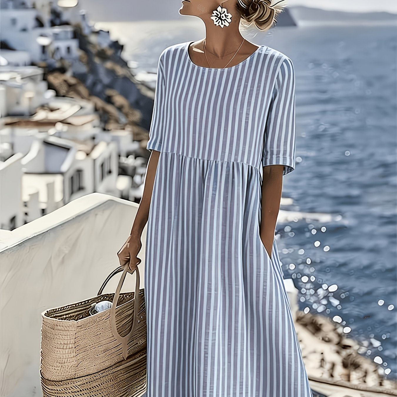 TEMU Wy260310137 Spring/summer Casual Vacation Wear, Round Neck Short Sleeve T-shirt, Striped Color Block Dress With Pockets, Women's Fashionable And