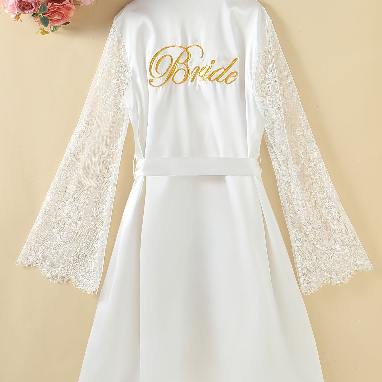 TEMU Elegant White Lace-trimmed V-neck Nightgown With "bride" Embroidery, Comfortable Polyester Sleepwear For Women, Wear, Sleepwear Gown | Nightgown