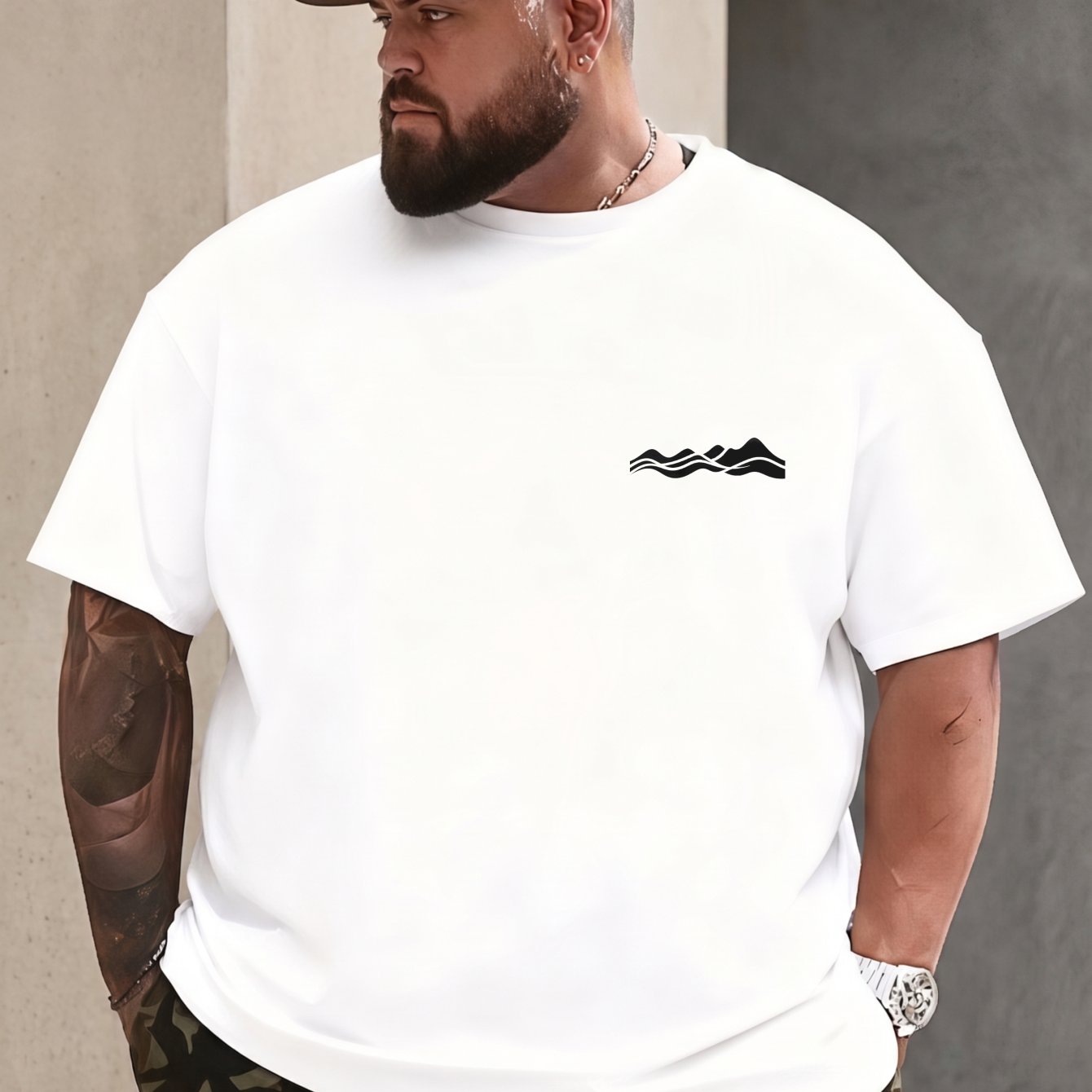Image of Big And Tall Streetwear Mountain Graphic Tee | White Minimalist Logo Relaxed Spacious Fit Comfortable Casual Wear Plus Size Men S Apparel, Plus Size