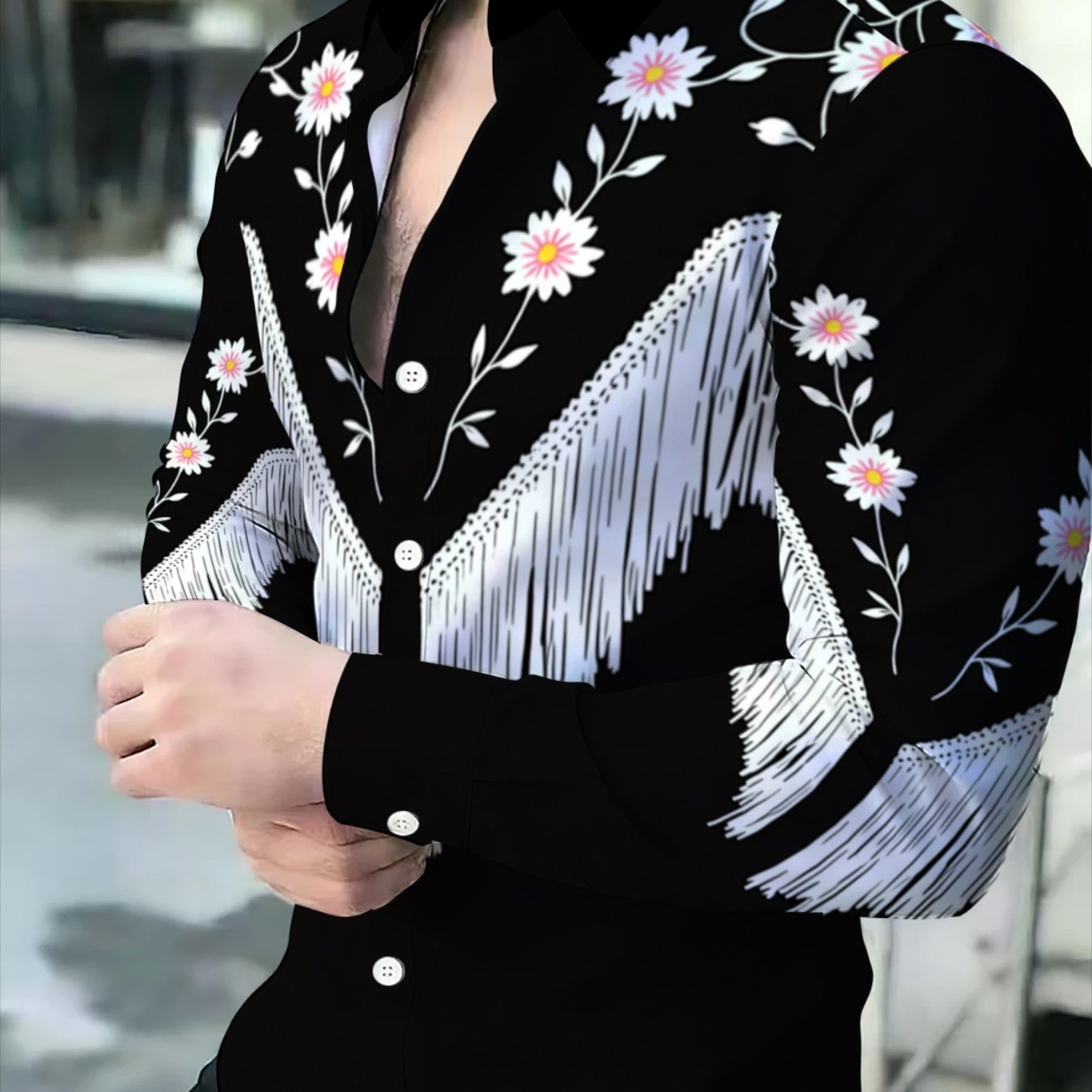TEMU Men's Black Long-sleeve Shirt With Stylish Floral , Casual Stage Performance Wear