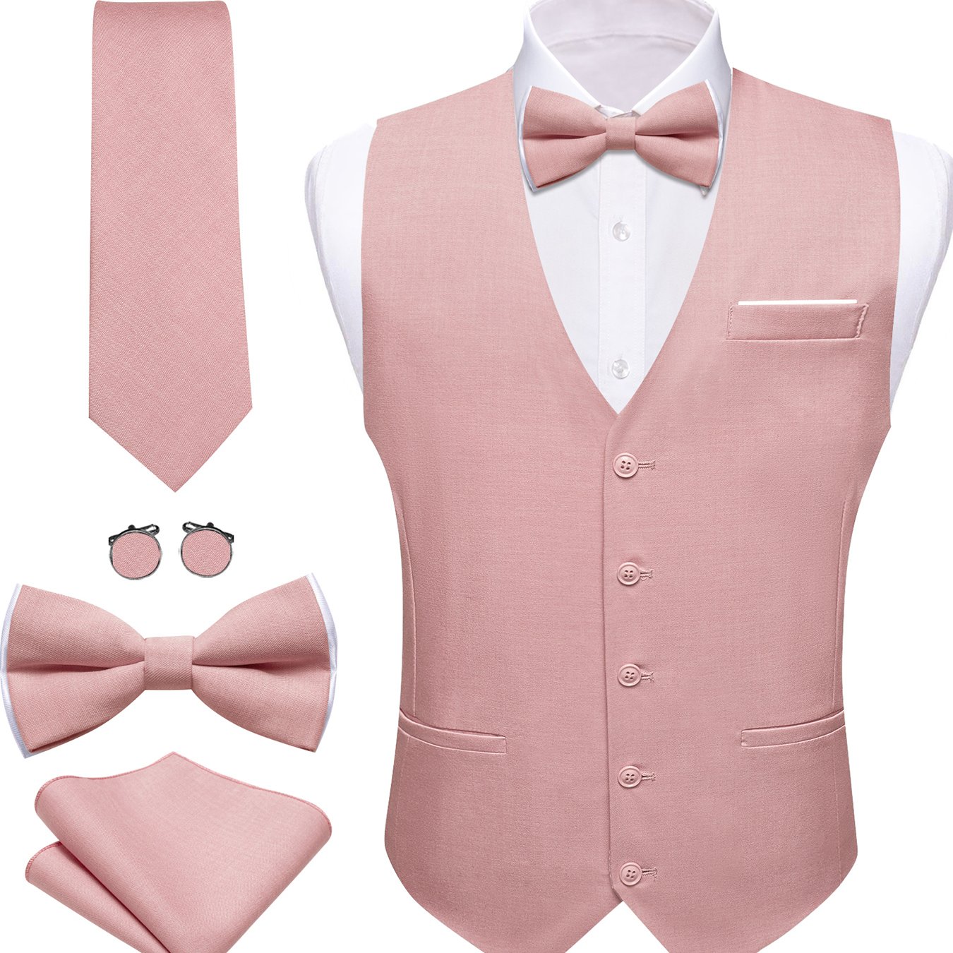 Men' Vest Tie Bowtie Set Woven Formal Waistcoat Hanky Wedding Party 4pcs, Plus Size