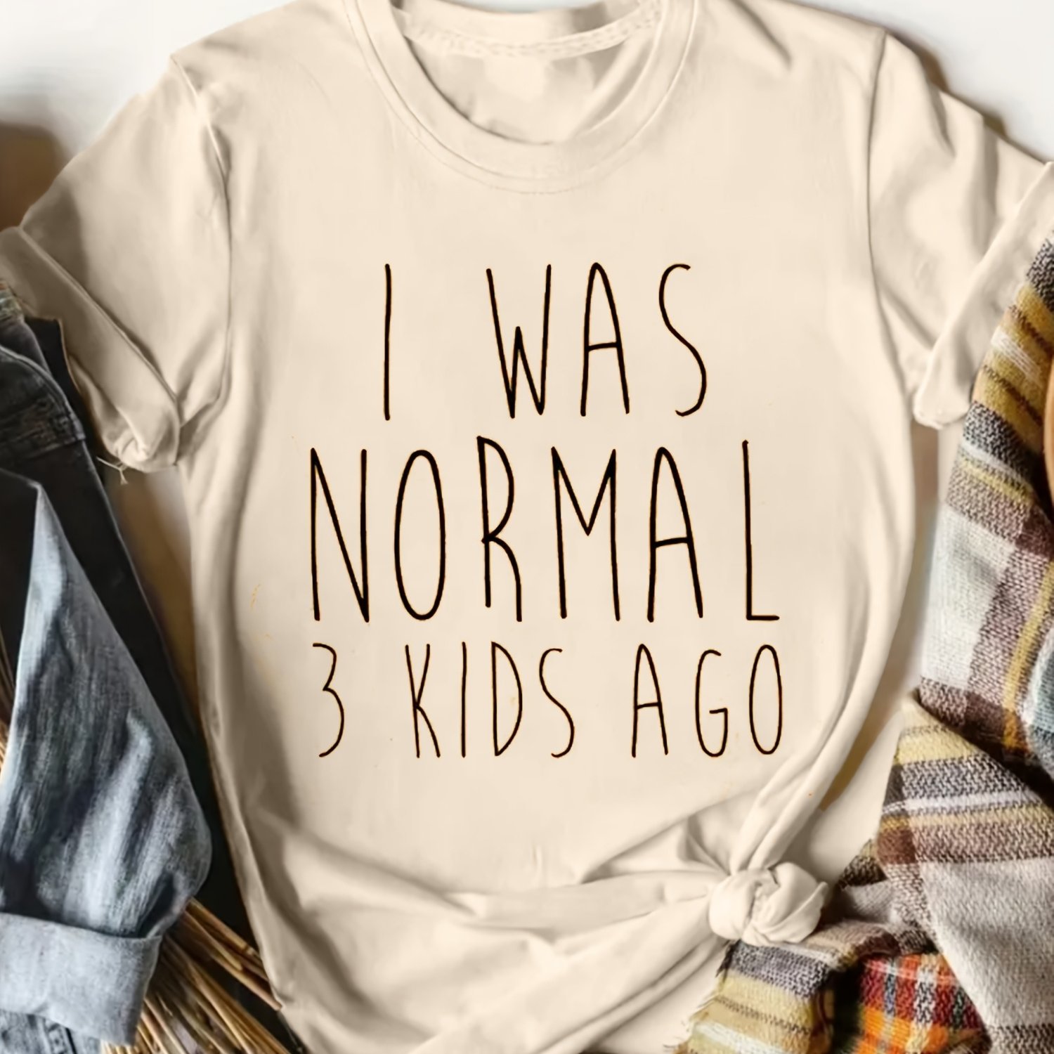 TEMU Women's Casual Round Neck T-shirt Printed With The Words "i Was Normal 3 Ago"- Fabric, Regular Length, Comfortable For , Humorous Graphic Design